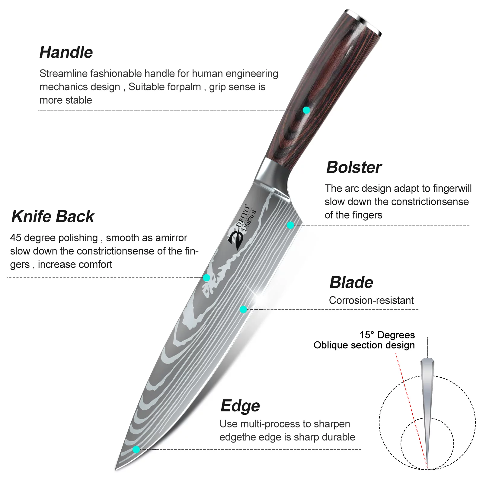 Kitchen Knife Set,DFITO 8 Pcs Professional Chef Kitchen Knife Set, Stainless Steel Cooking Knife Set, Brown