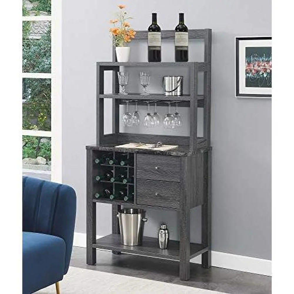 2 Drawer Serving Bar With Wine Rack And Shelves, Black Faux Marble/Wead Gy