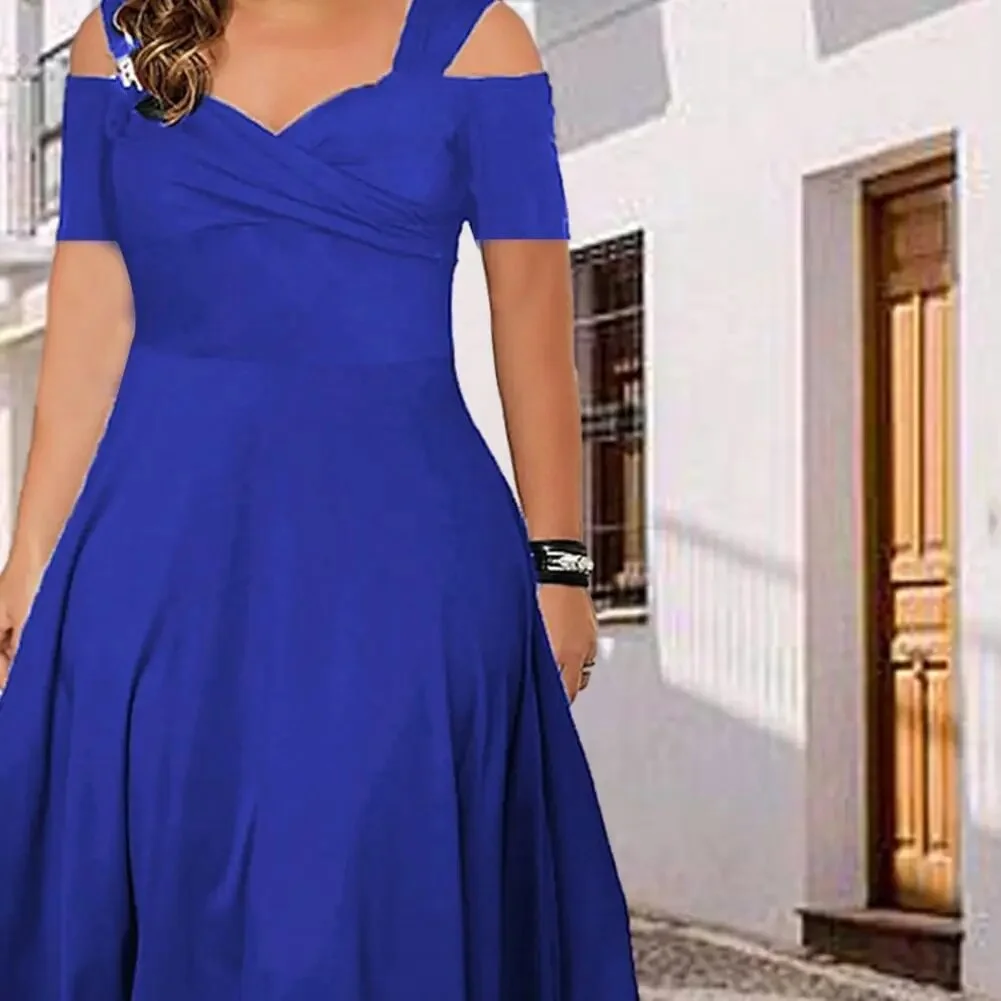 Off-Shoulder Summer Dress V-neck Flared Large Hem Slim Fit Elegant Women Plus Size Solid Long Dress Casual Party Wear