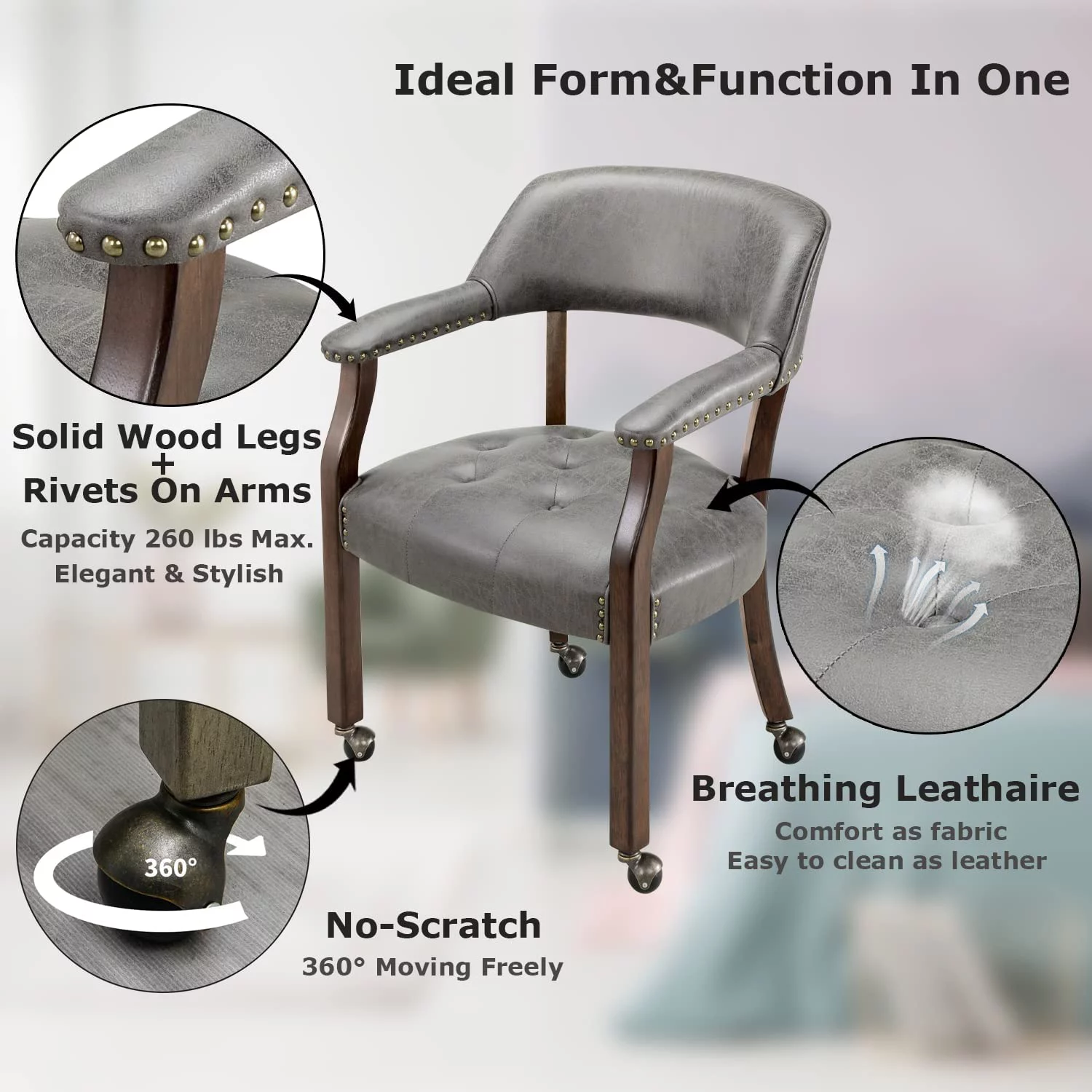 Big Dining Roller Chair with Arms, Solid Wood Office Table Side Chairs with Wheels, Boss Captains Rolling Chair, 26“Dx25.2 Wx31.5“H, Espresso&Grey Fabric, 318GY