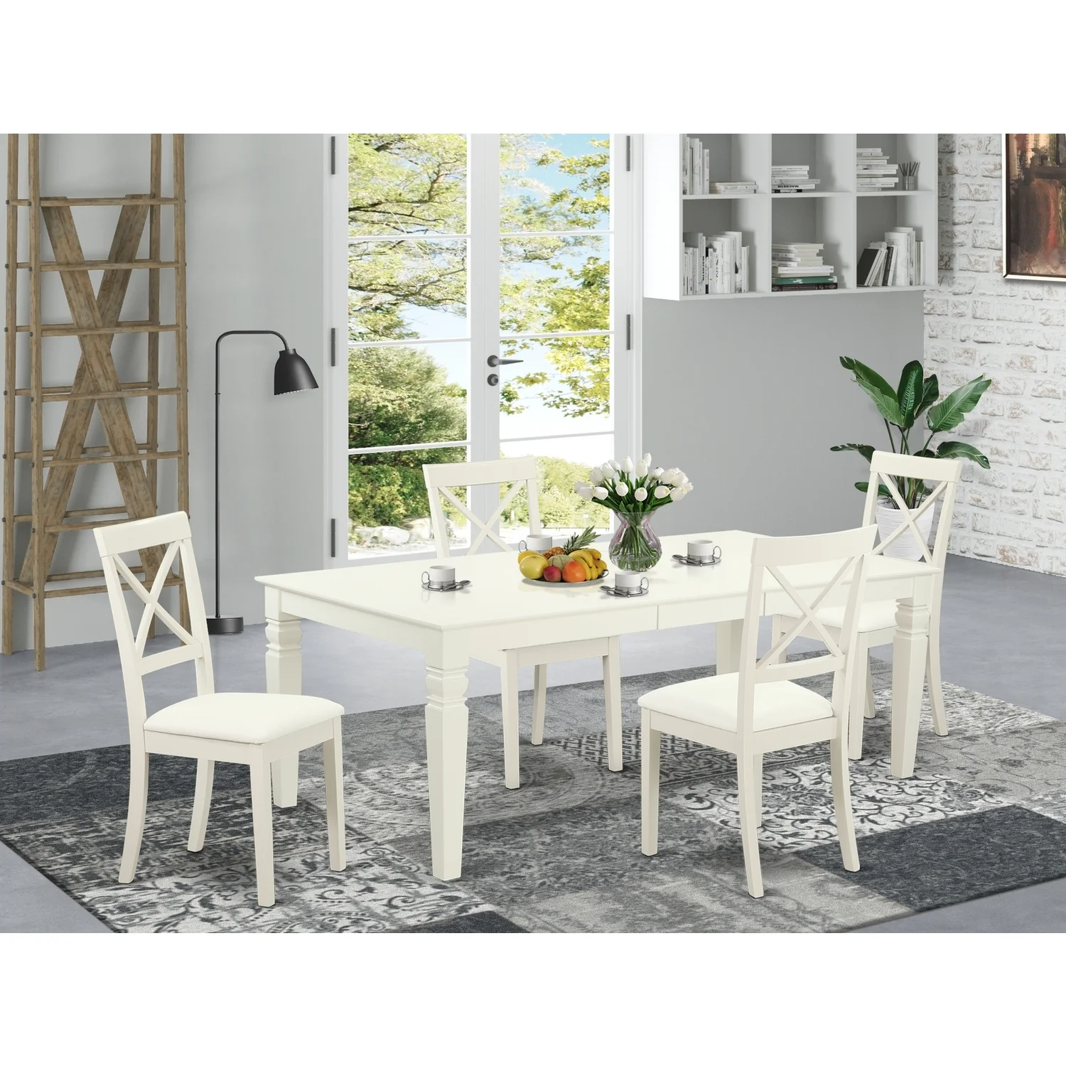 HomeStock 5 Pc Dining Room Set With A Single Mountain Lodge Table And 4 Faux Leather Seat Chairs In Linen White Color.