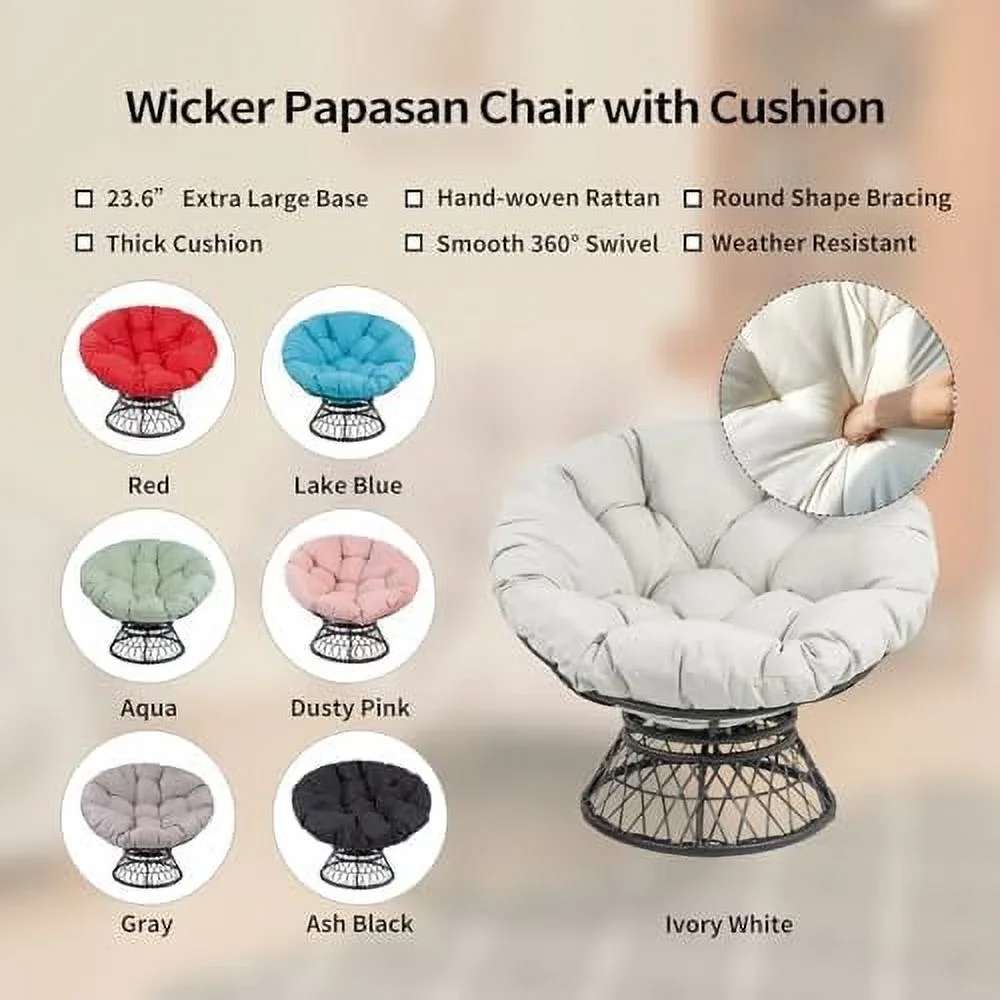 FDSHOIYN Rattan Wicker ° Swivel Papasan Chair with Cushion for Livingroom  Bedroom  Reading Room  Leisure Lounge (Light Pink，No Little Pad 23.6IN Base)