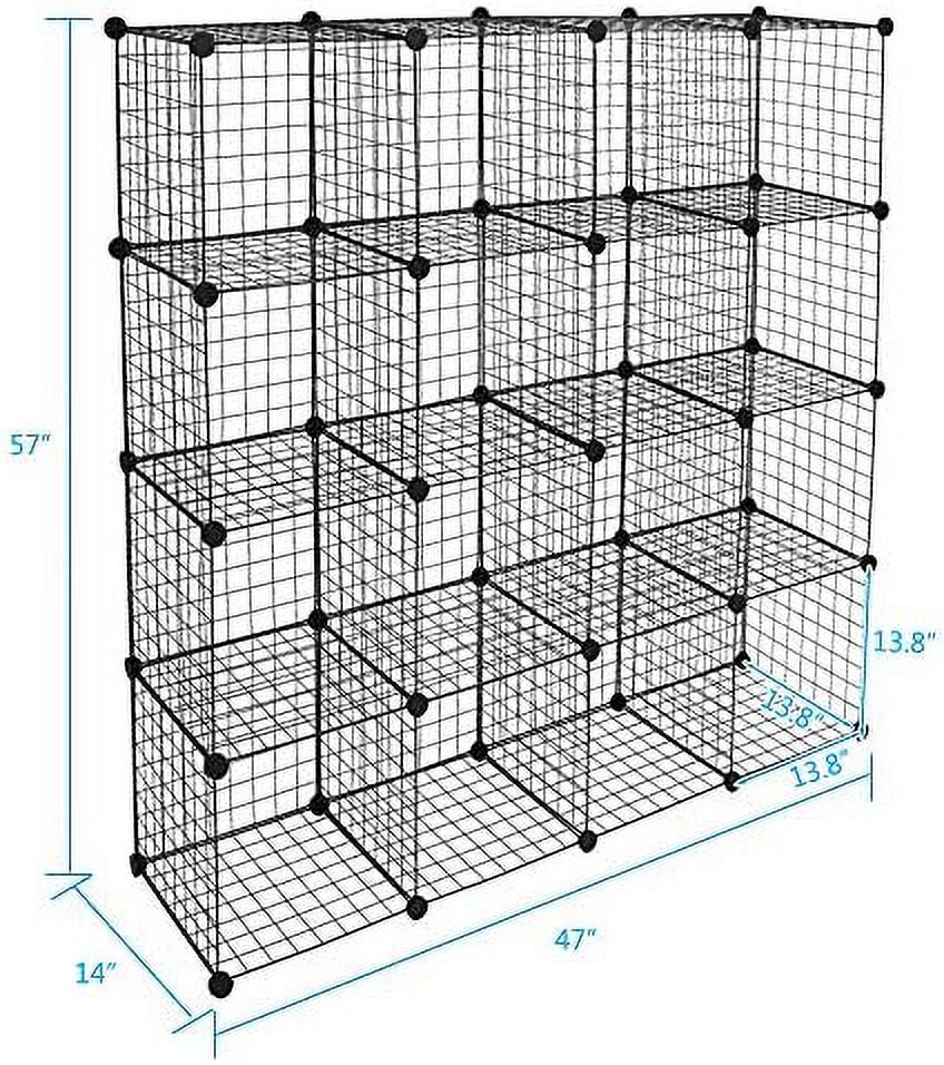 CHBGFV 16-Cube Metal Wire Cube  with 1 Wooden hammer Stackable  Bins  Modular Bookcase  DIY Closet Cabinet Ideal  Room Bedroom  Home  Office 47''L x 14''W x 57''H
