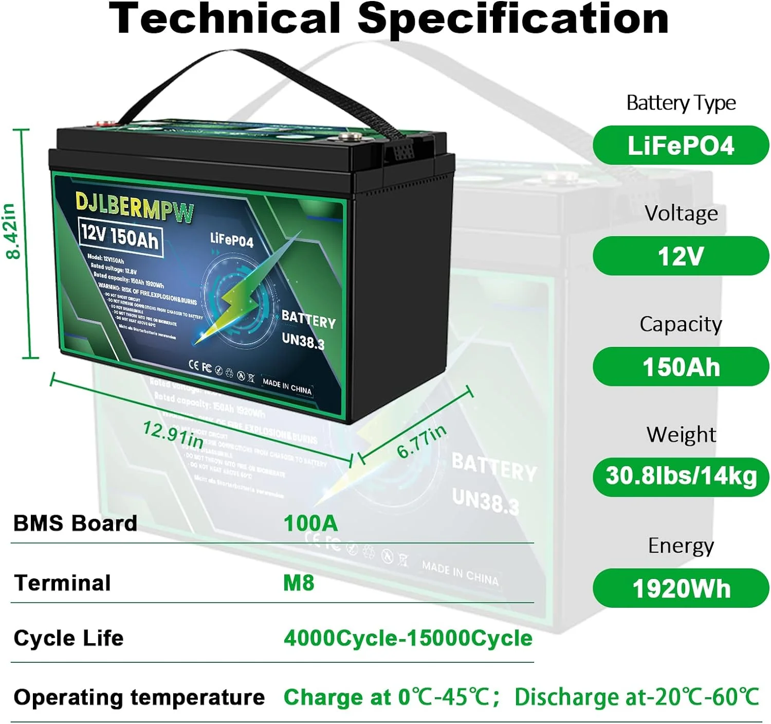 ‎DJLBERMPW 12V LiFePO4 Lithium Battery 150Ah,4000-15000 Deep Cycle Marine Battery,12V 150Ah Lithium Batteries for Trolling Motor,Boat,Golf Cart,RV,Solar,Built in 120A BMS 1920W,10 Years of Life