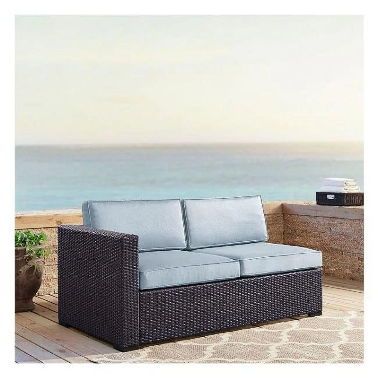 Crosley Furniture Biscayne Rattan & Fabric Patio Loveseat in Brown and Mist Blue