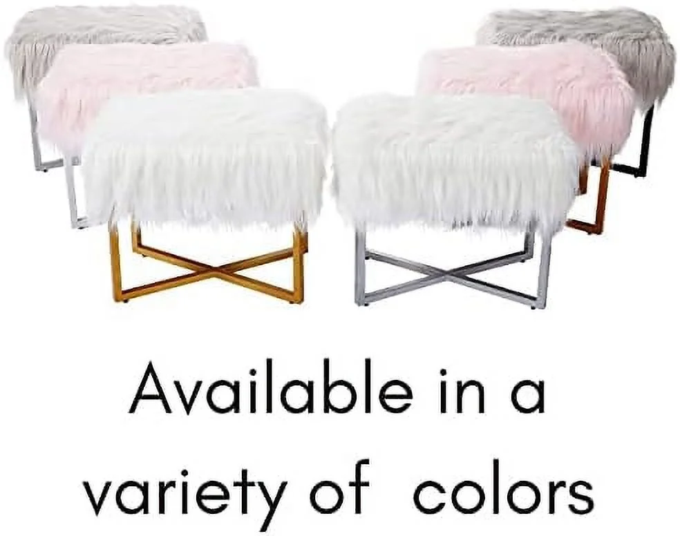 CGFHYP Rectangular White Faux Fur Foot Stool Ottoman with Gold Legs - Vanity Chair - Soft Compact Padded Seat - Bedroom and  Room Chair - Metal - Fluffy  Seat