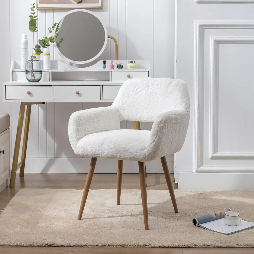 ZFGSUIJN Faux Fur Desk Chair  Mid-Century  Faux Fur Chair  Comfy Armchair with Solid Painting Steel Leg  Dining Room  Home Vanity  Office Desk Chair