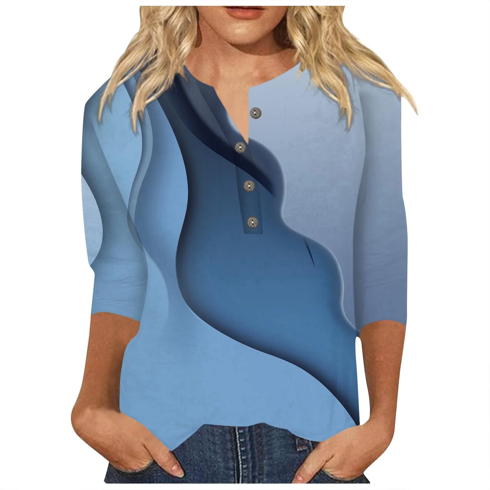 Women's Casual Printed Button Three Quarter Sleeve T Shirt Top