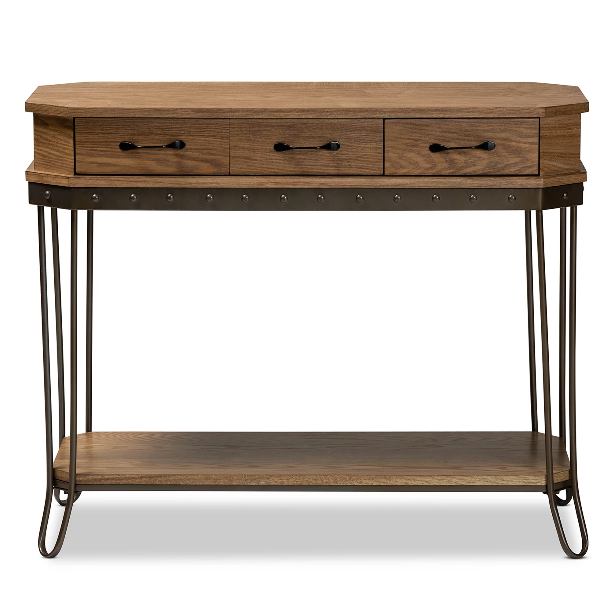Baxton Studio Kellyn Industrial Wood and Metal 3 Drawer Console Table, Oak