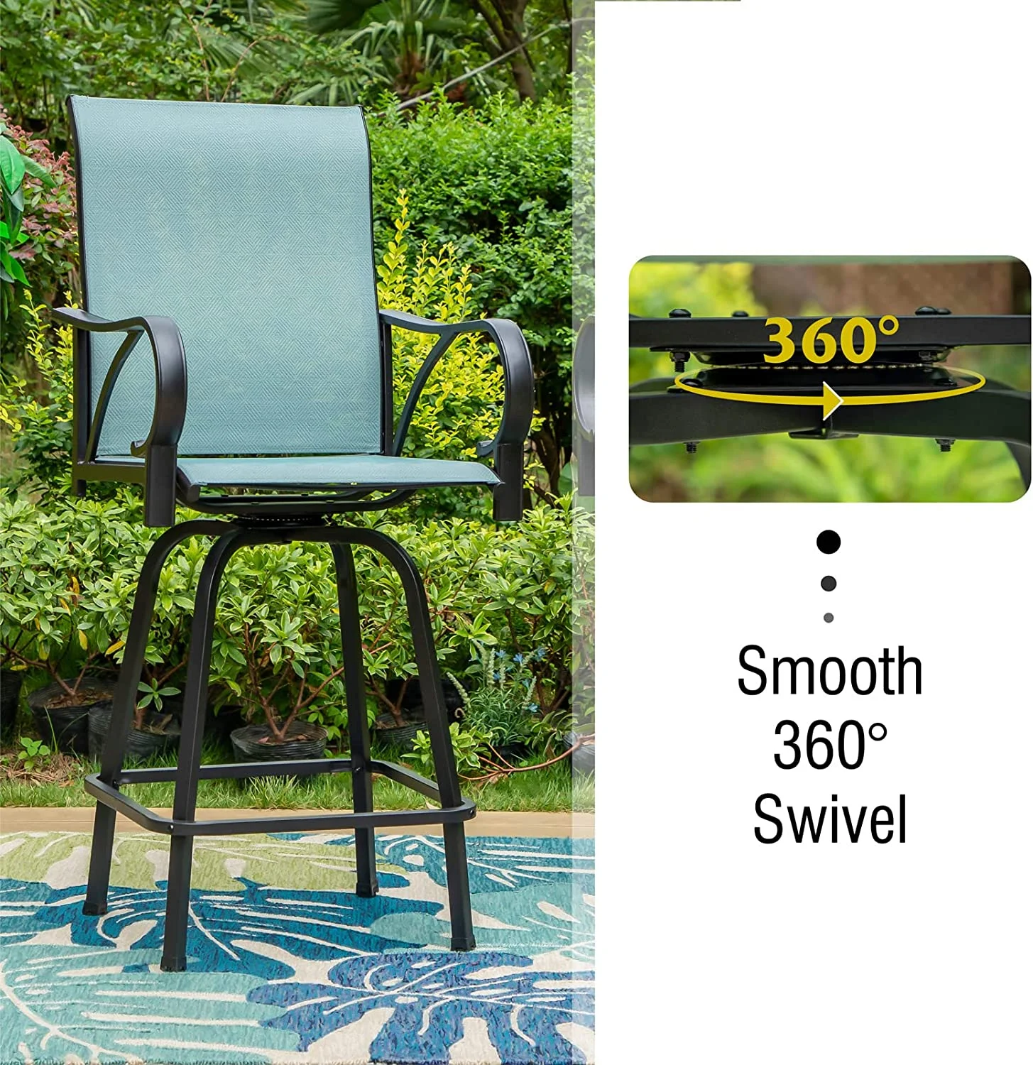 2 PCS Patio Swivel Bar Stool (Blue) Outdoor Bar Height Chairs with Armrest, All-Weather Furniture Sling Fabric Waterproof and Quick-Drying for Lawn Garden