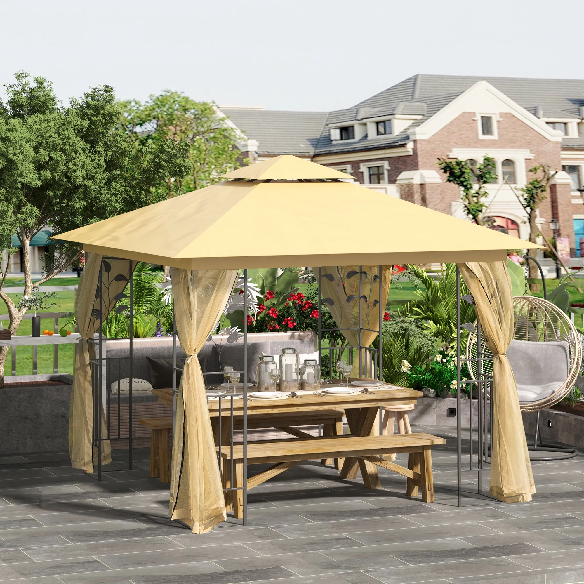 Homiyad 10' X 10' Metal Patio Gazebo, Double Roof Outdoor Gazebo Canopy Shelter with Tree Motifs Corner Frame and Netting, for Garden, Lawn, Backyard, and Deck, Beige