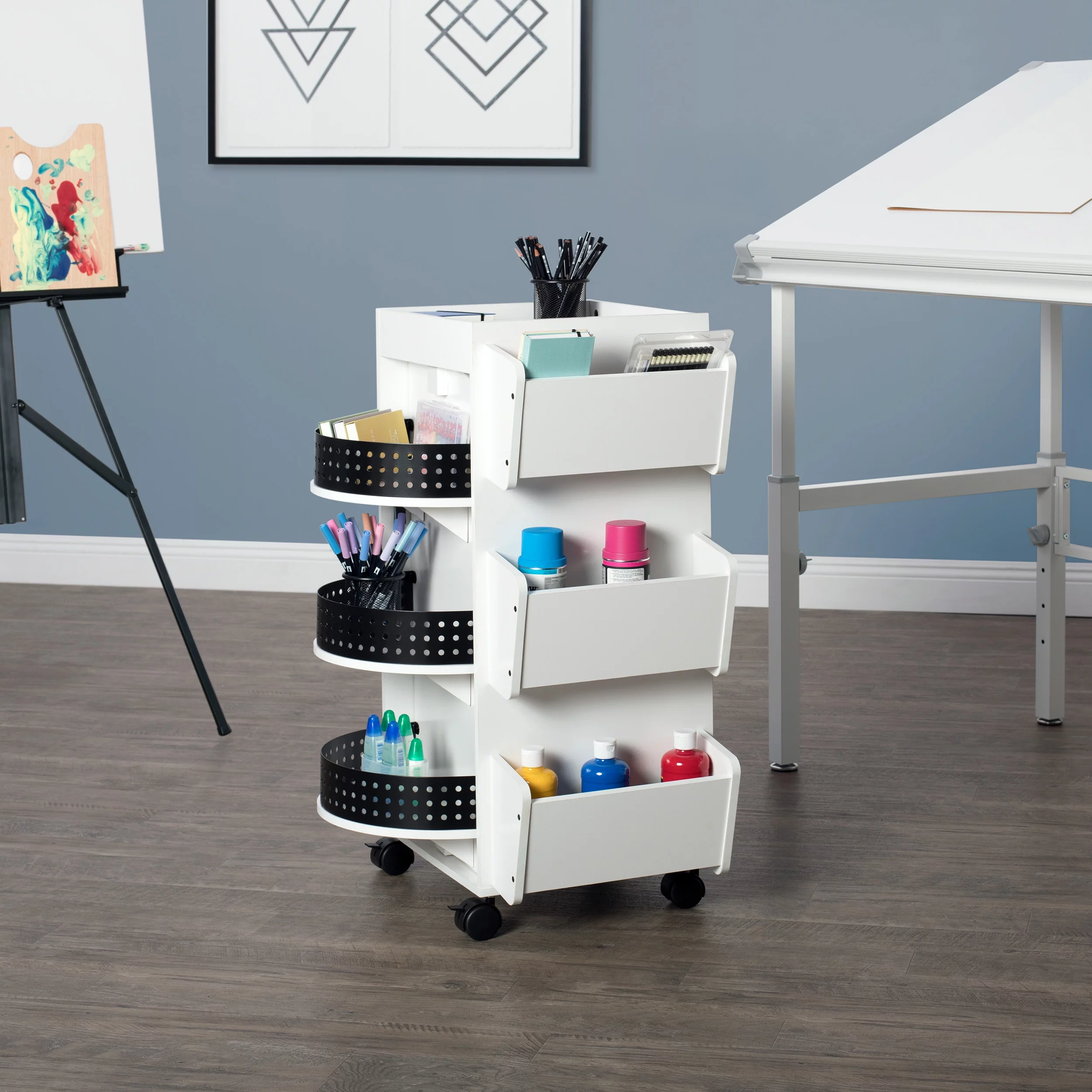 Studio Designs Wood Swivel Organizer Cart in White and Black