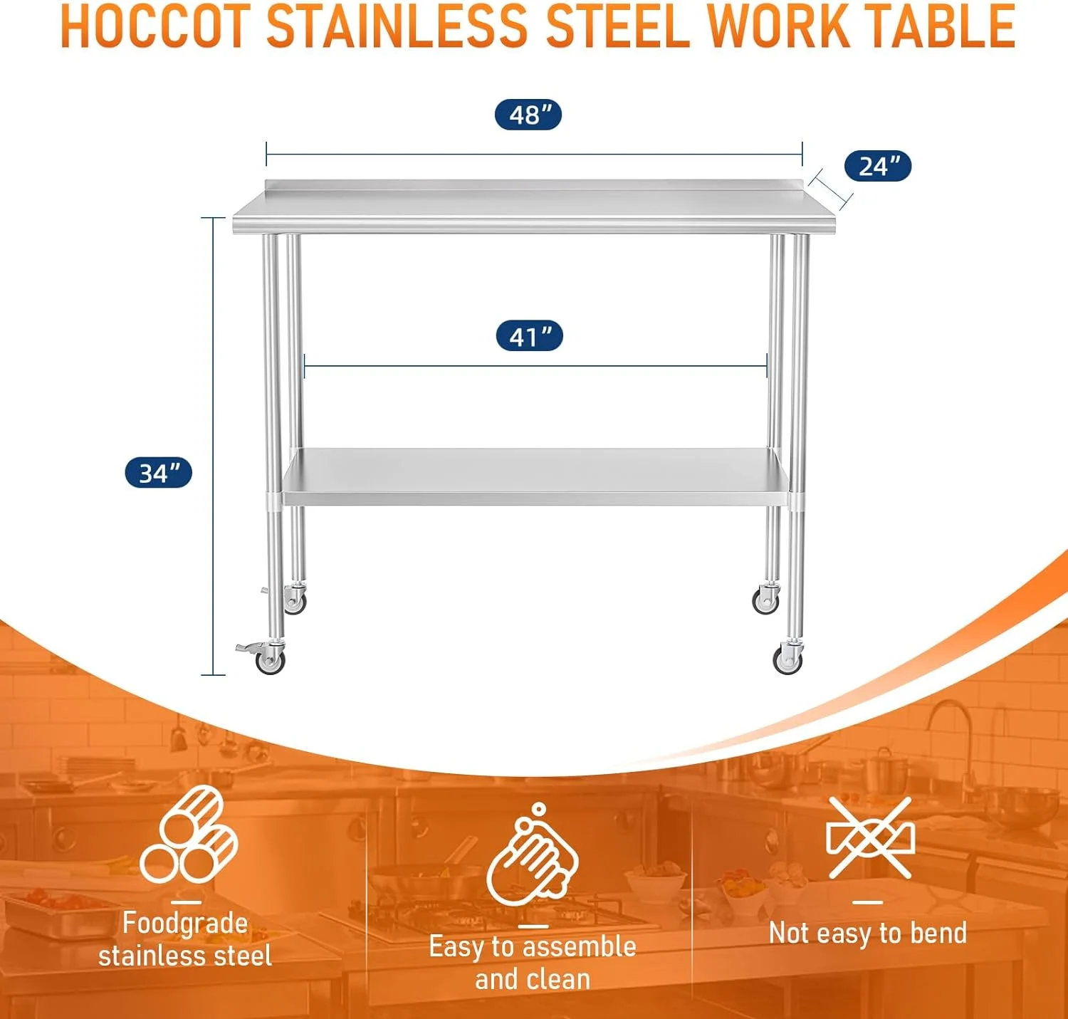 Stainless Steel Prep & Work Table with Adjustable Shelf, with Backsplash and Wheels, Kitchen Island, Commercial Workstations, Utility Table in Kitchen Garage Laundry Room Outdoor BBQ, 24