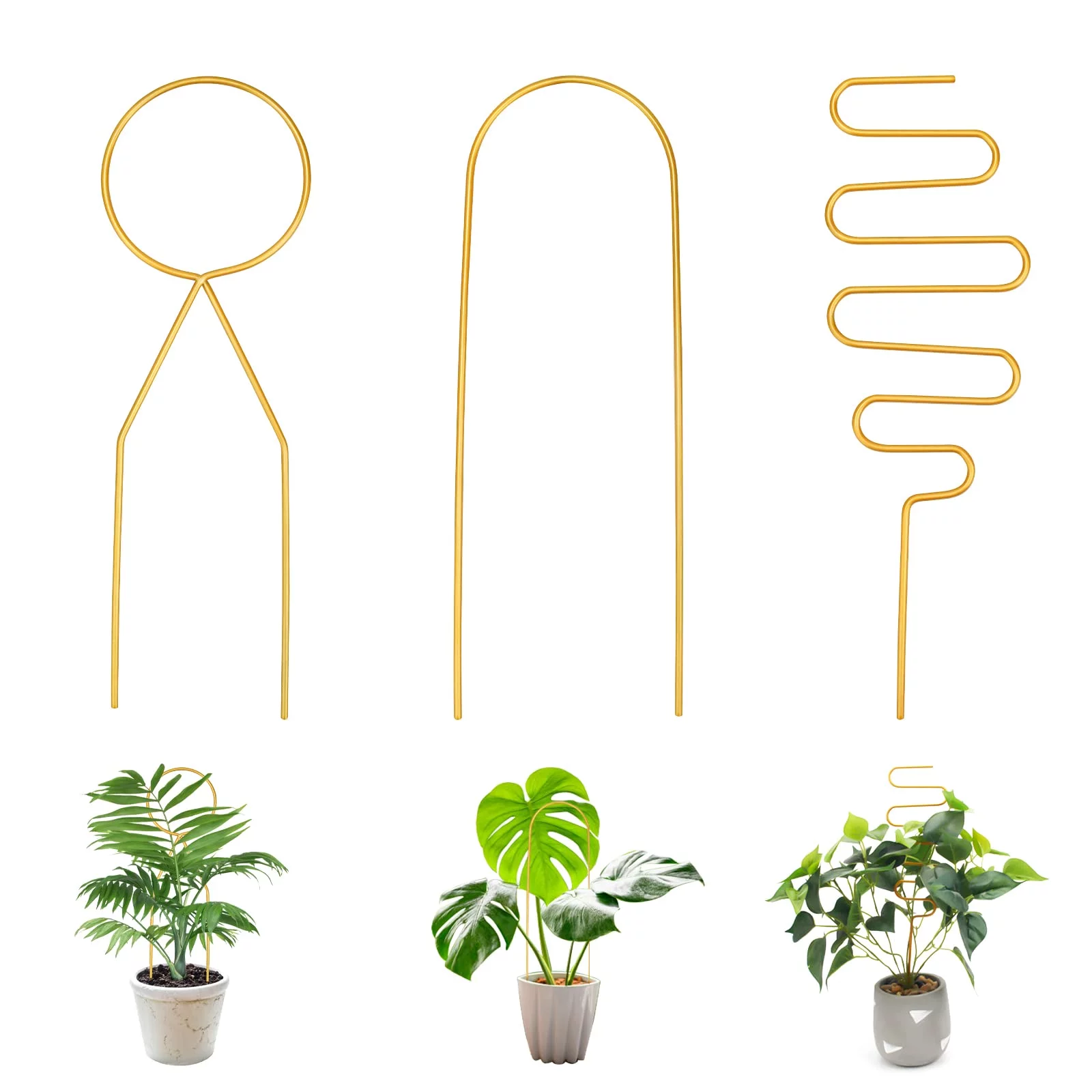 Plutput 3pcs Metal Trellis for Potted Plants Indoor Pot, Mini Gold Trellis Plant Support Stake for Climbing Plants Flower