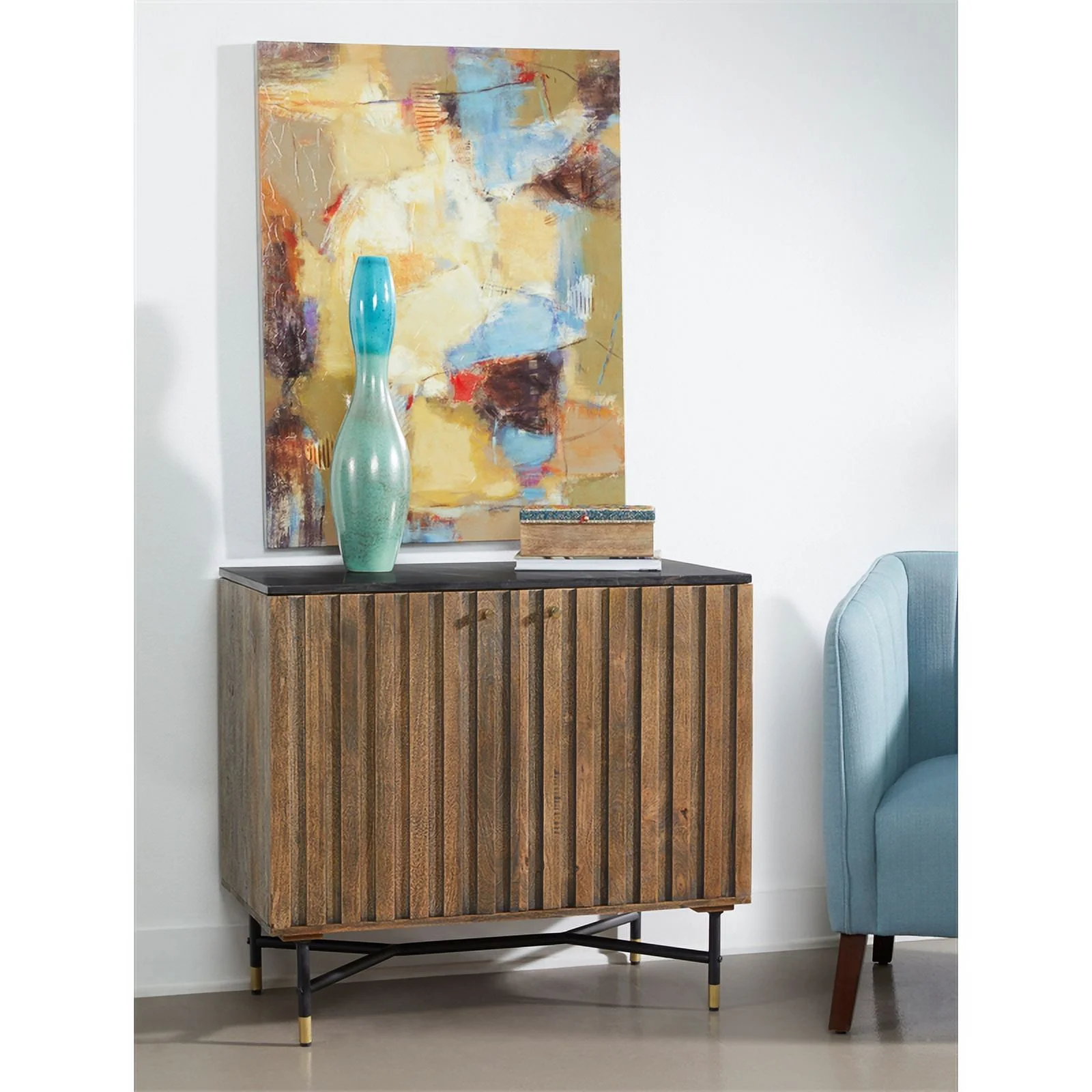 Pemberly Row 2-Door Solid Wood & Marble Cabinet in Brown/Black