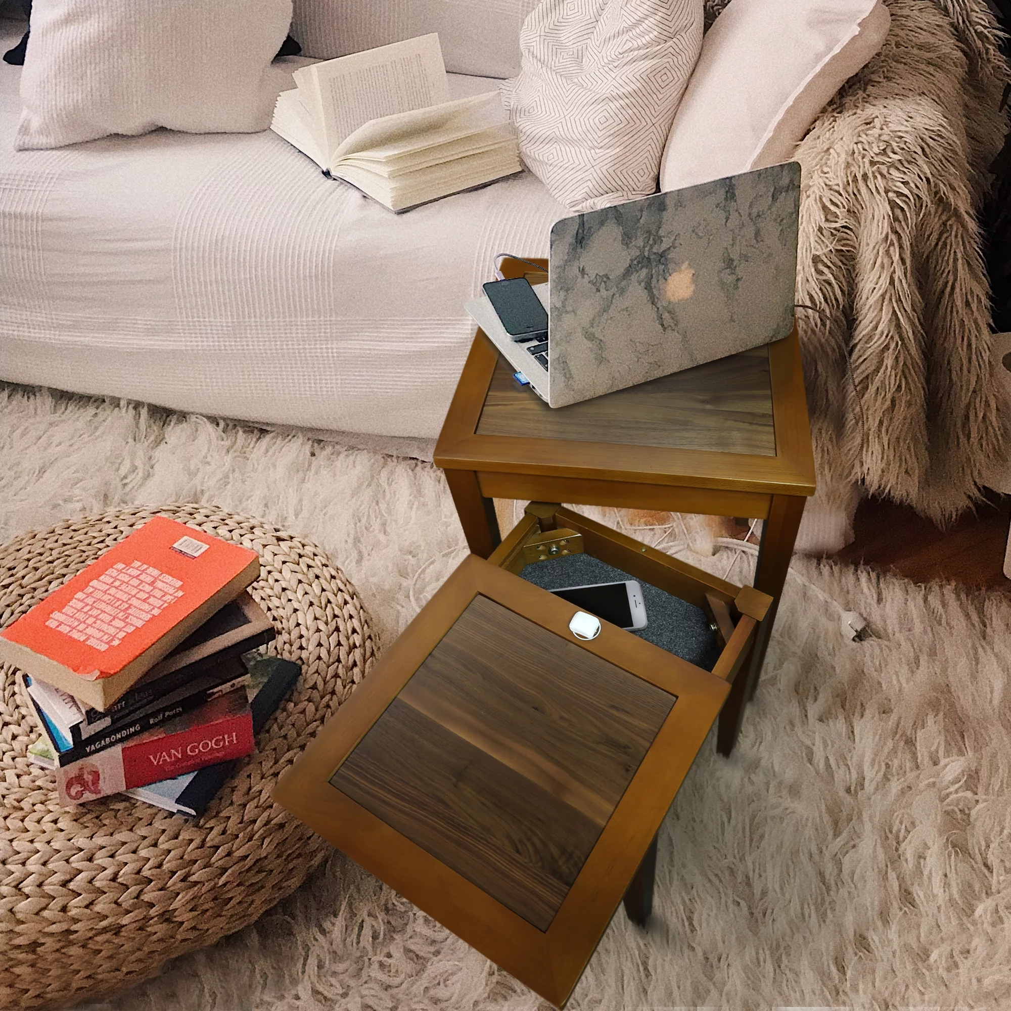 Casual Home Lincoln Nesting End Tables with Concealed Compartment, Solid American Walnut Top