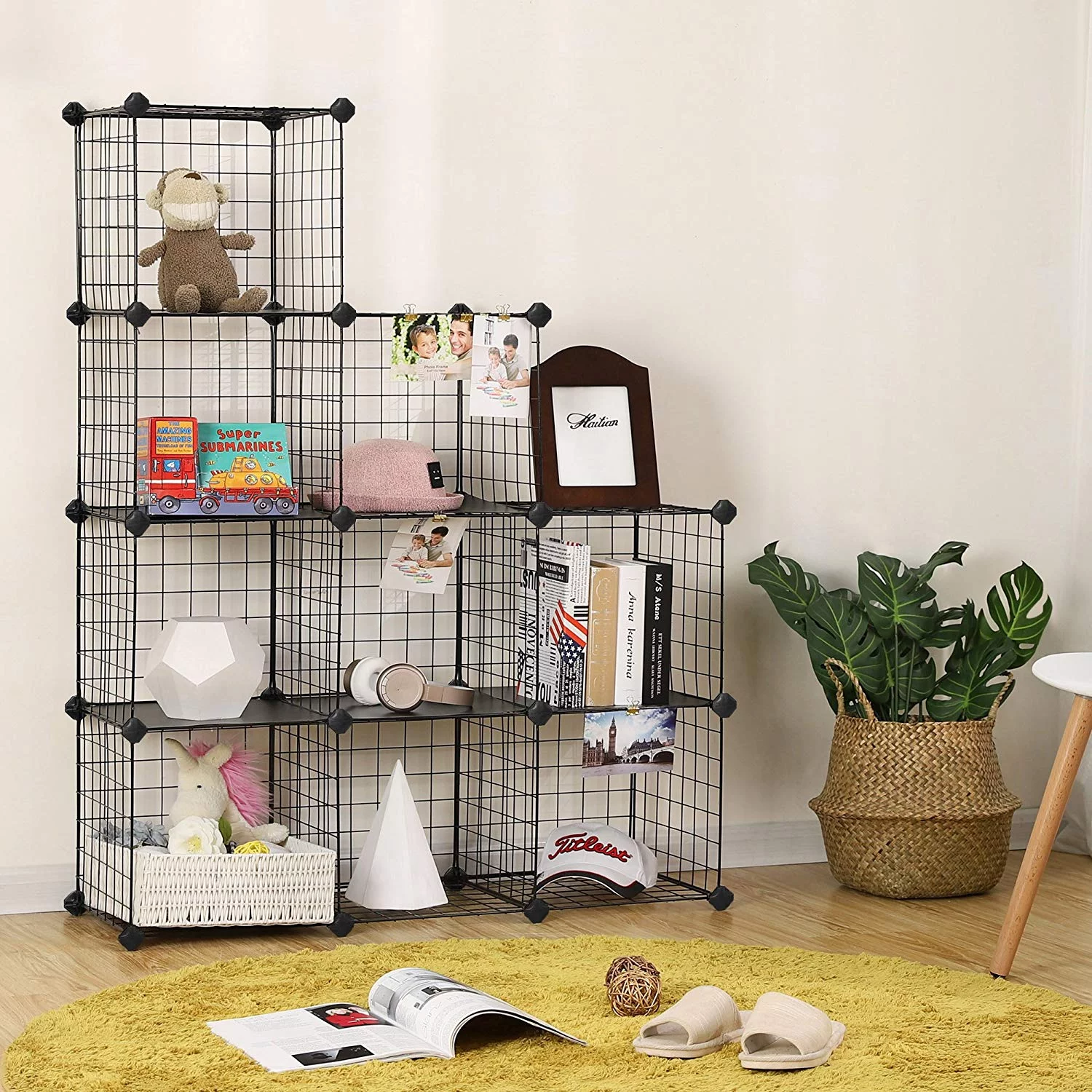 SONGMICS 9-Cube Metal Wire Storage Cube, Storage Shelves Organizer,Stackable Storage Bins, Modular Bookcase, DIY Closet Cabinet Shelf with Rubber Mallet