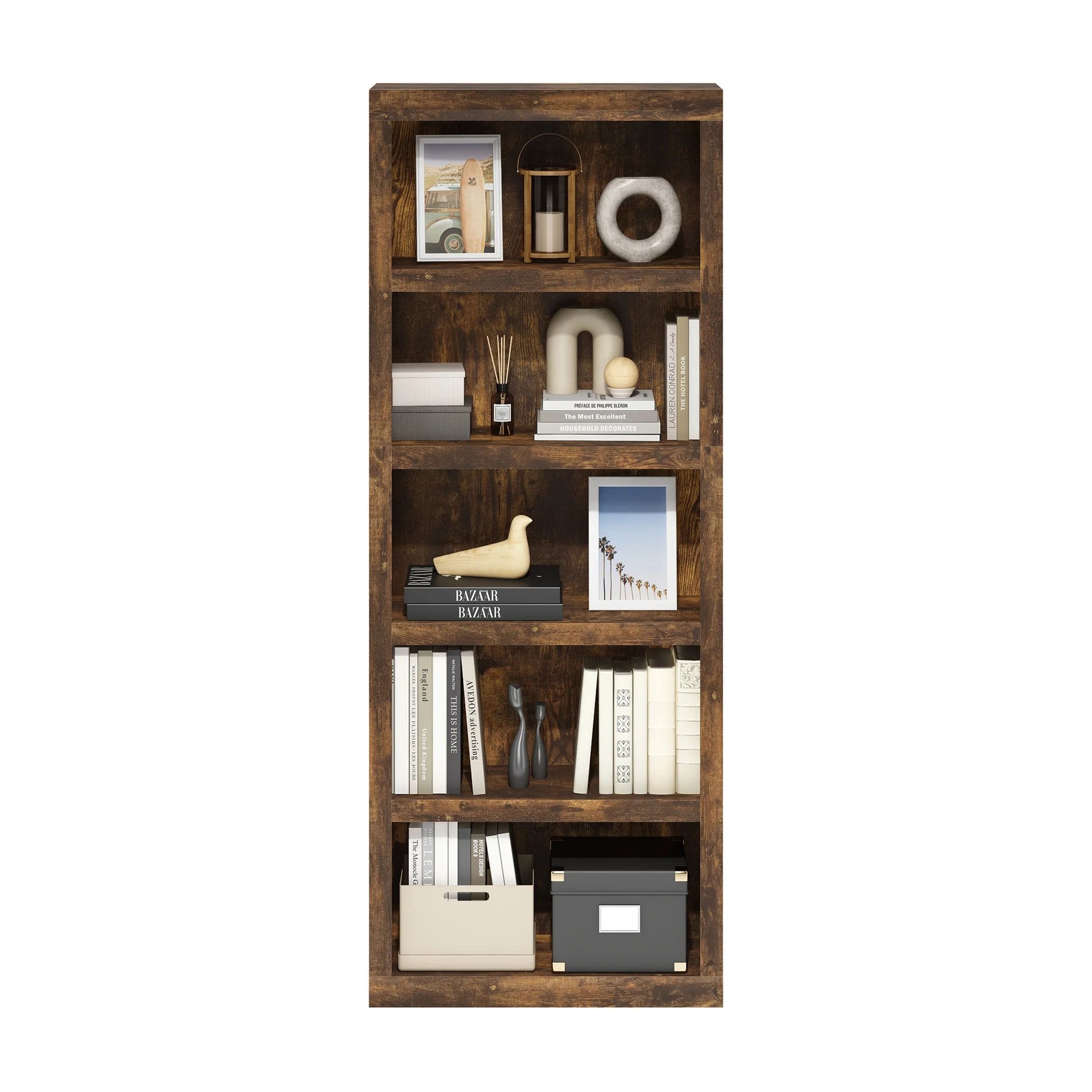 Furinno Rail 5-Tier Open Shelf Bookcase, Amber Pine