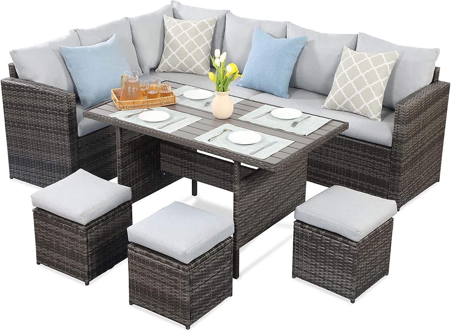 Kyoko 7 Pc PE Rattan Wicker Patio Dining Sectional Cusions Sofa Set - Gray