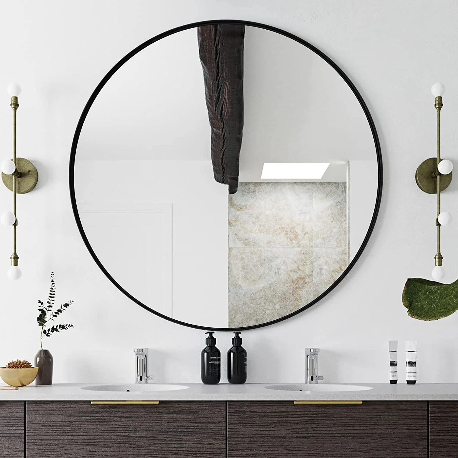 Clavie Bathroom Mirror, Black Round Mirror 36 x 36 inch Large Modern Wall Mirror, Metal Frame Circle Mirror Wall Mounted Decorative Mirror for Bedroom Living Room Entryway
