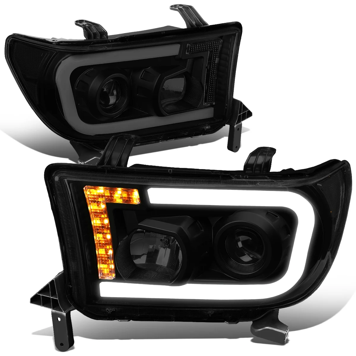 DNA Motoring HL-LB-TT07-BK-SM-CL1 For 2007 to 2017 Toyota Tundra Sequoia Pair Smoked Housing Clear Corner LED Turn Signal + DRL Tube Projector Headlight Lamps 08 09 10 11 12 13 14 15 16