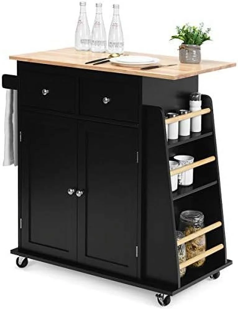 JDZHAPPYLIFE Kitchen Island Cart  Rolling Wood Trolley with  Cabinet  Towel Handle  2 Drawers  Side Spice Rack and Wine Bottle Rack  Kitchen Cart on Wheels  Rubber Wood Countertop (Black)