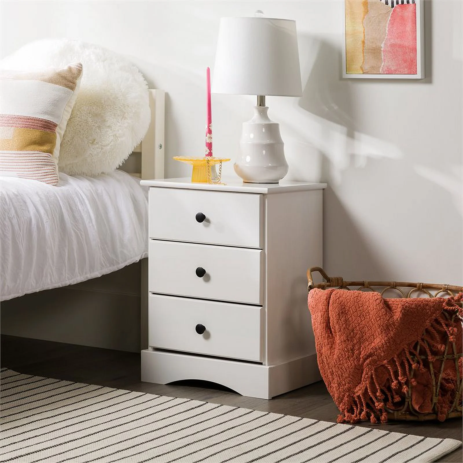 Classic 3 Drawer Solid Wood Top Bedroom Nightstand in White
