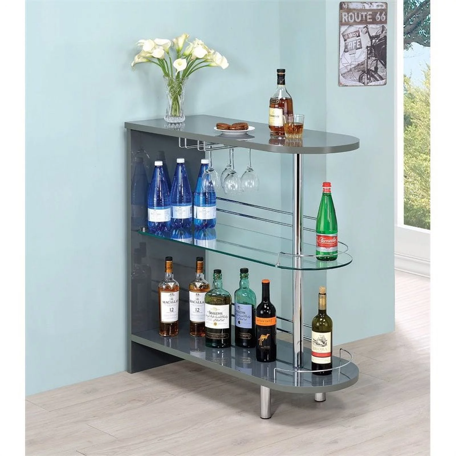 Stonecroft Furniture Albee 2 Shelf Pub Table in Glossy Gray and Chrome