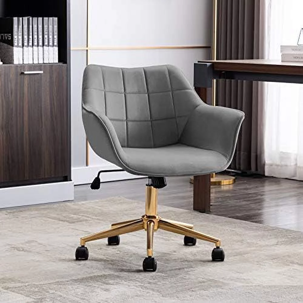 GVJMTKP Duhome  Office Chair Velvet Desk Chair with Gold Metal Base with Mid Back Cute Ergonomic Computer Desk Chair Task Chair with Arms  Wheels Adjustable Swivel 1PCS (Grey Velvet)
