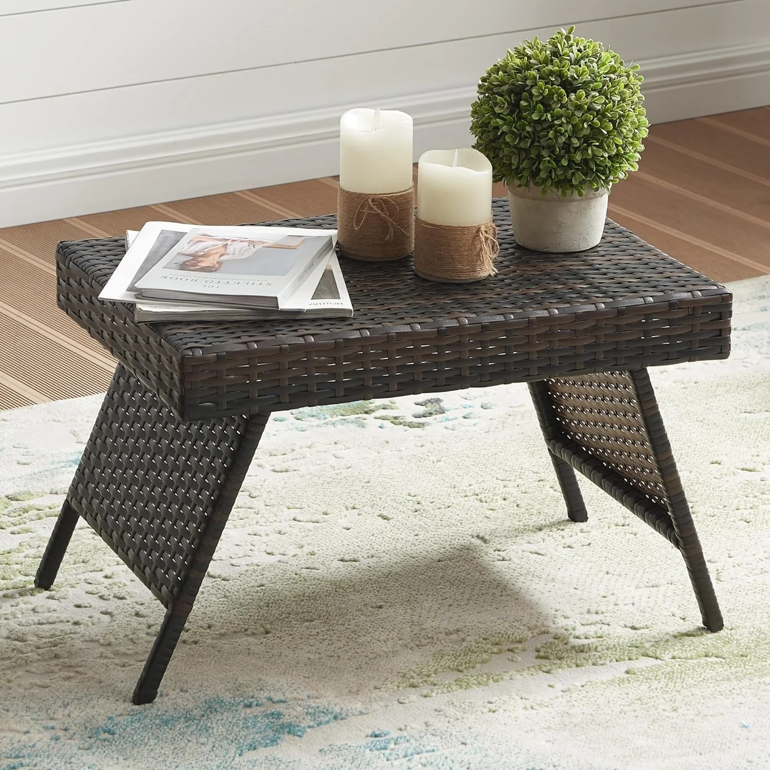 Outdoor Wicker Rattan Side Table, Patio End Table for Garden, Deck, Porch, Yard or Poolside 23.6Lx15.8Wx15.8H inches Brown