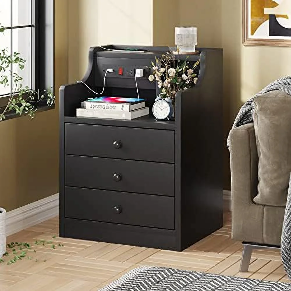 FDSHOIYN Nightstand with Charging Station  Night Stand with Hutch &  Drawers  End Table  Bedroom Grey