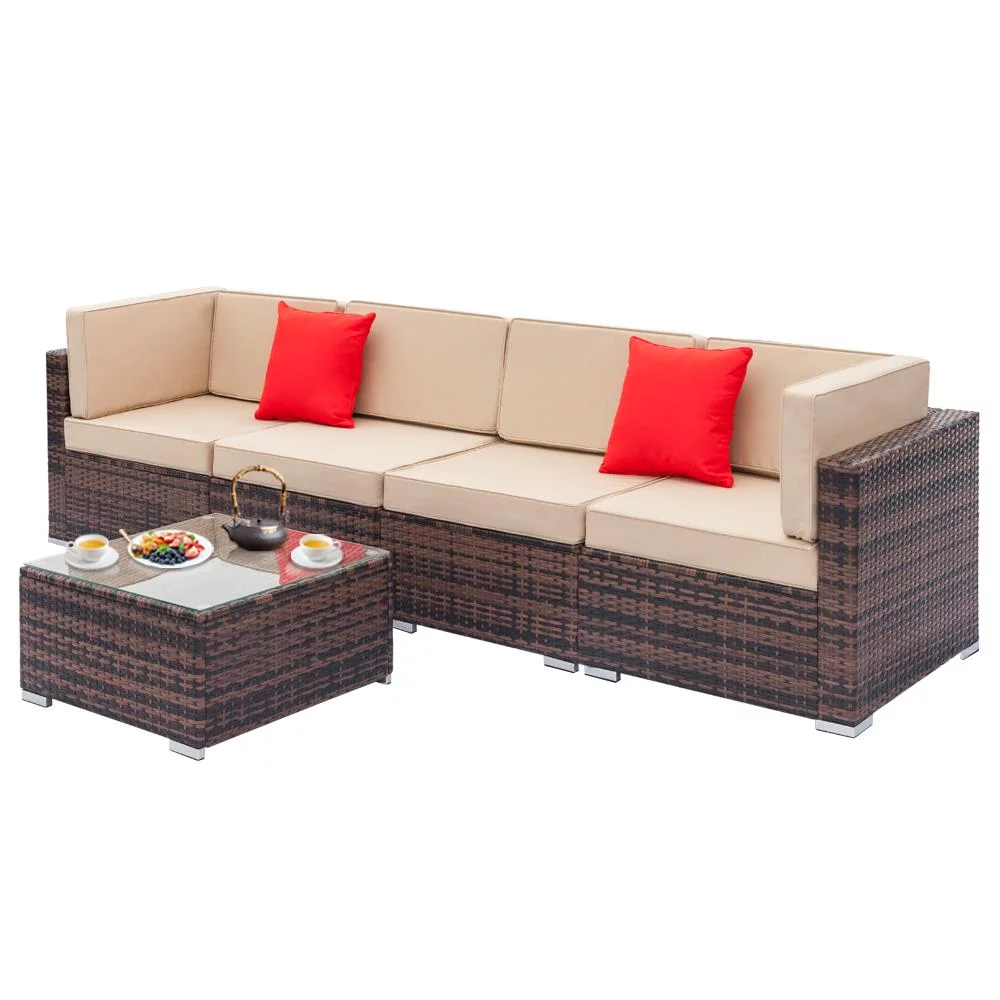 Ktaxon 5 Piece Patio PE Rattan Wicker Iron Frame Sectional Sofa Set Brown