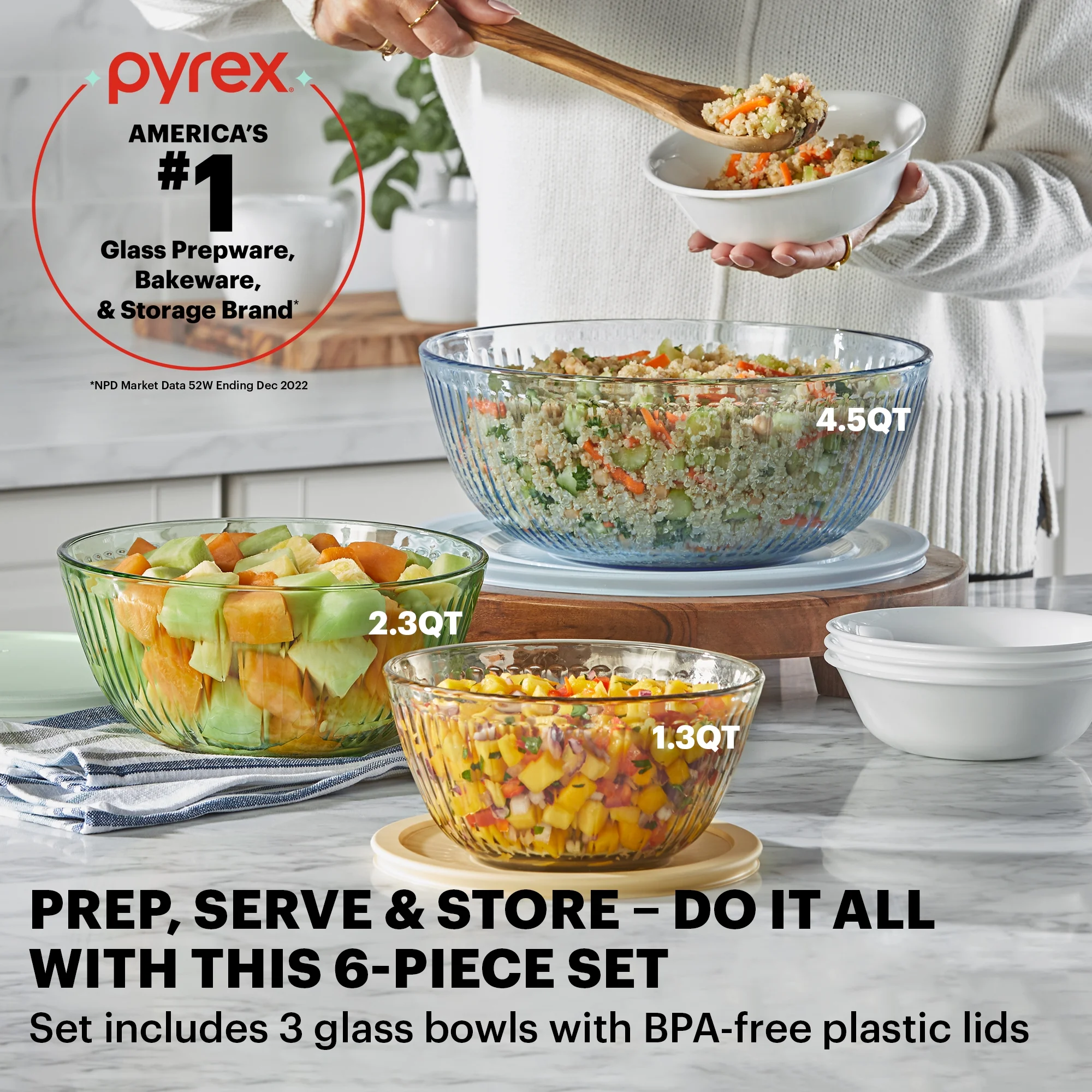 Pyrex Sculpted Tinted 6-Piece Glass Mixing Bowl Set with Airtight Plastic Lids, 1.3qt Amber/2.3qt Green/4.5qt Blue