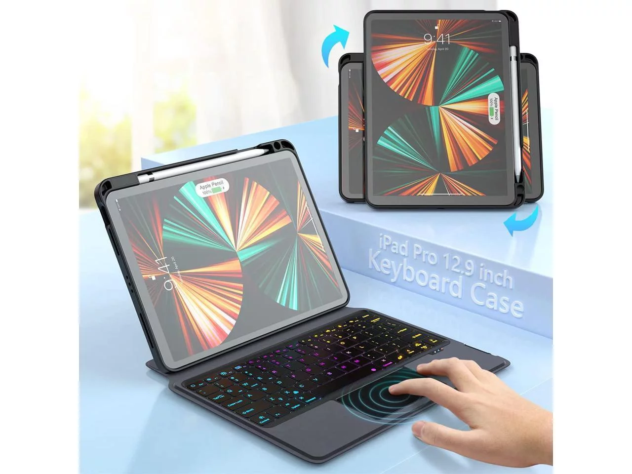 Wireless Keyboard Case with Touchpad for iPad Pro 12.9 inch 6th Generation 2022 / 5th Gen 2021 / 4th Gen 2020 / 3rd Gen 2018 with Pencil Holder, Backlit