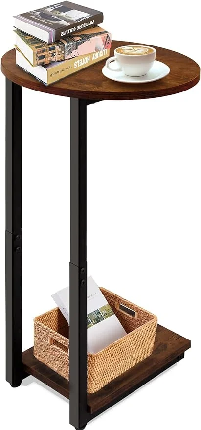 C-Shaped End Table, Snack Side Table for Couch, End Table for Small Space, Rustic Brown and Black C Table with Metal Frame, Sofa Side End Table, Small Table for Living Room, Bedroom, Sitting Room