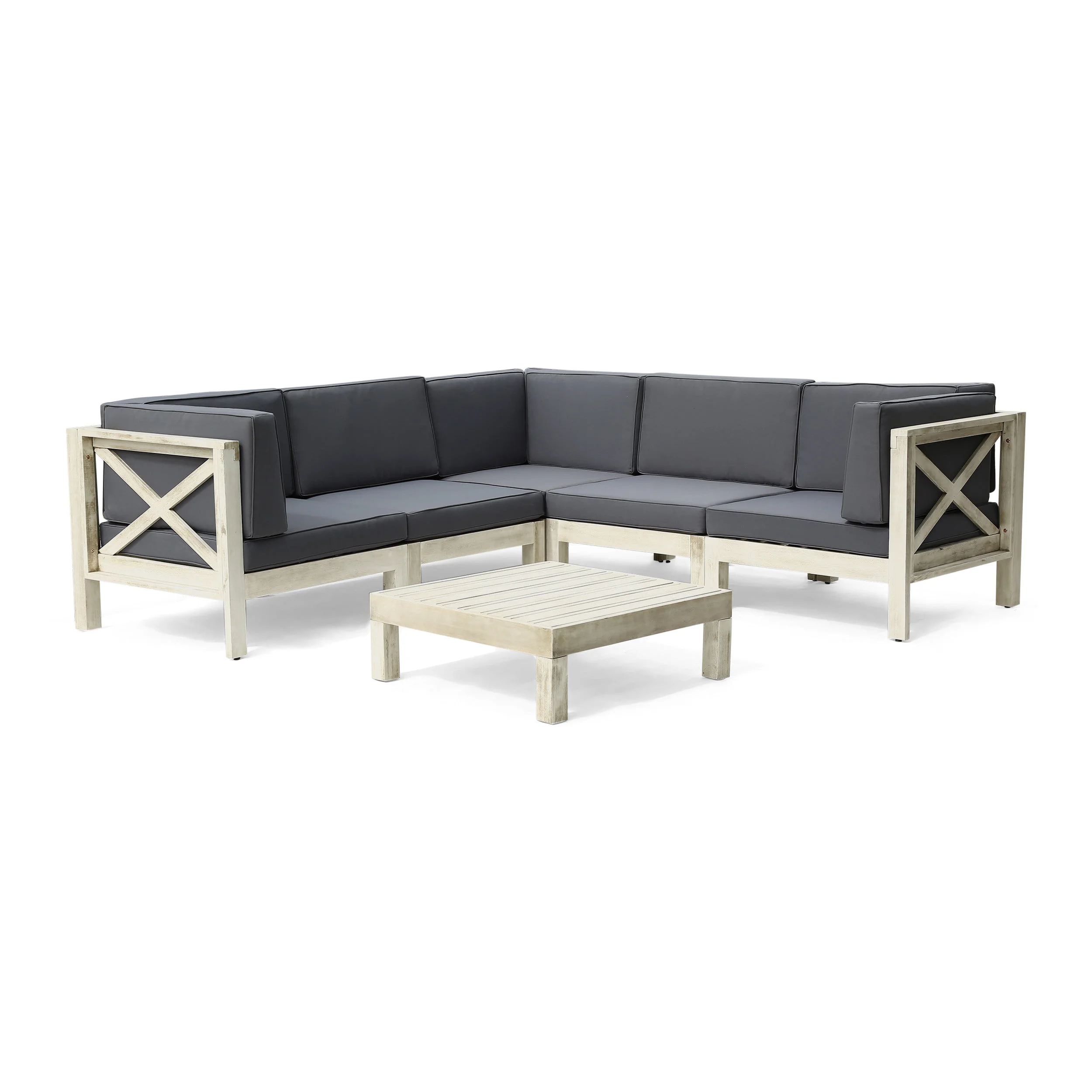 GDF Studio Keith Outdoor Acacia Wood 5 Seater Sectional Sofa Set with Coffee Table, Gray