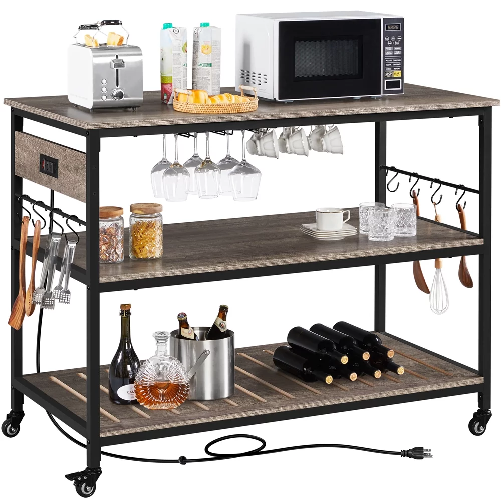 Topeakmart 3-Tier Rolling Kitchen Cart with Glass Holder and Power Outlets for Kitchen,  Taupe Wood