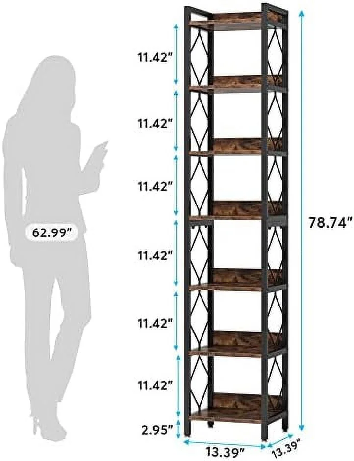ZFGSUIJN 78.7 Inch Extra Tall Narrow Bookshelf  7 Tier Skinny Bookcase for Small Spaces  Freestanding Display Shelves  Multifunctional Corner  Organizer for Home Office  Rustic Brown