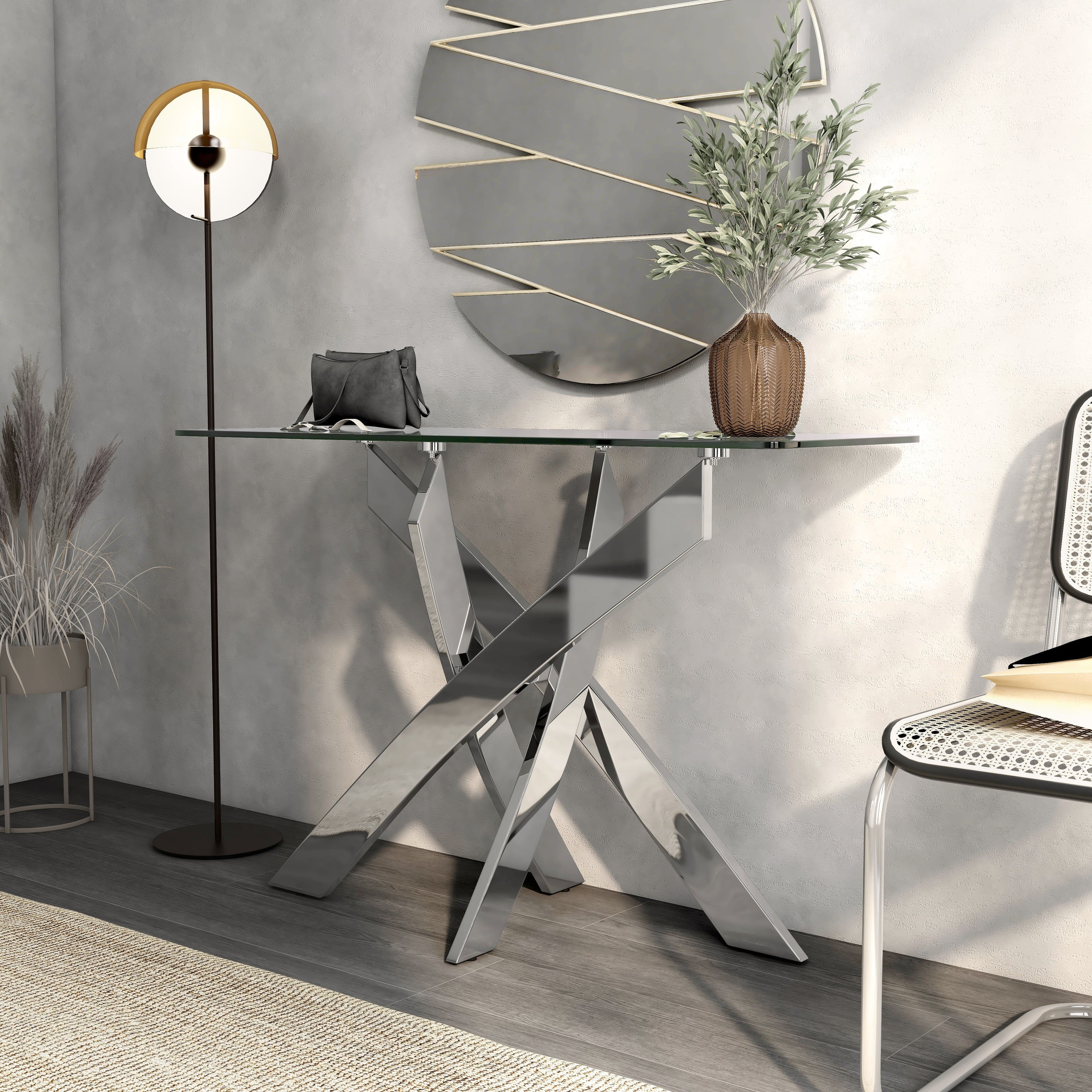 Furniture of America Dess Modern Chrome 45-inch Glass Top X-cross Sofa Table by