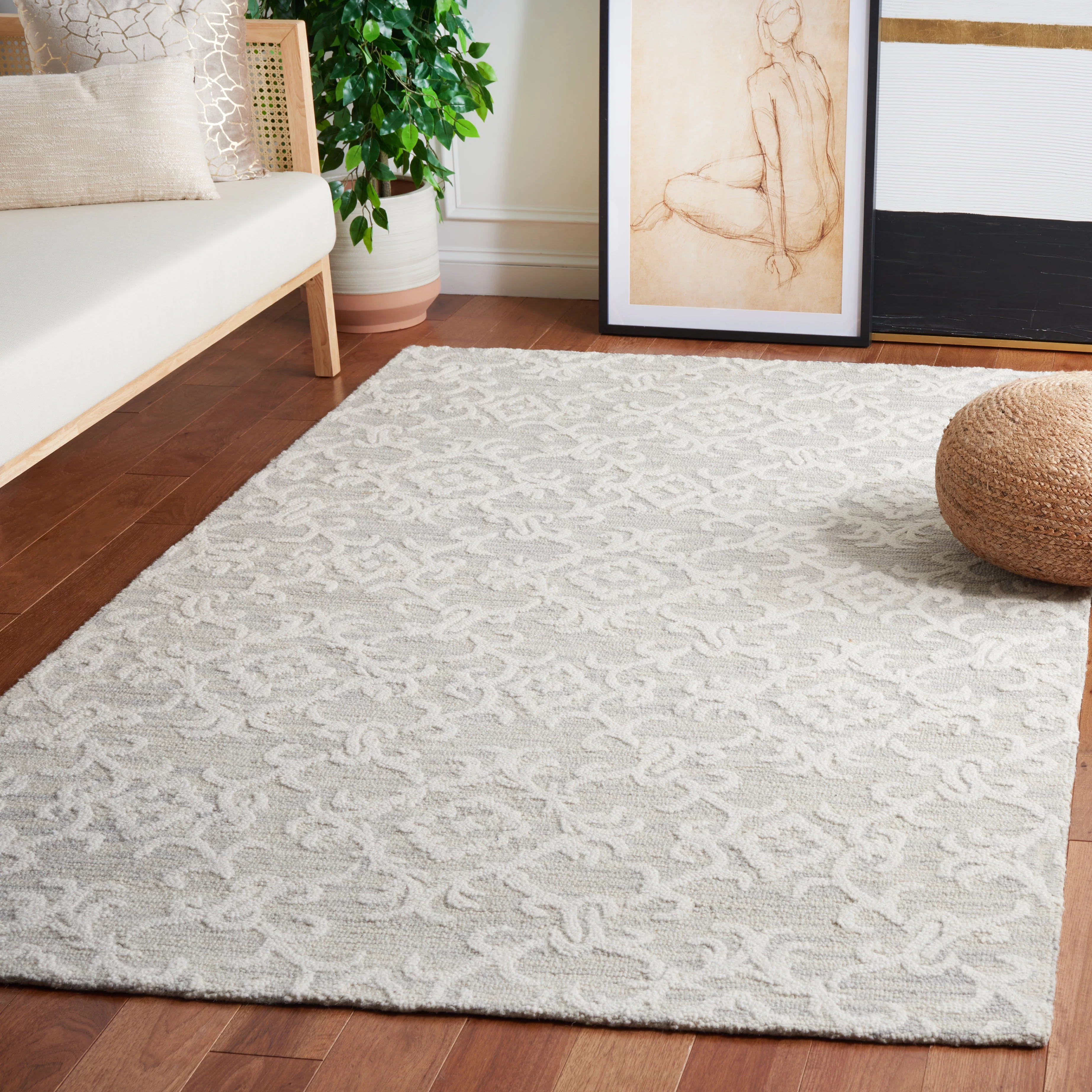 SAFAVIEH Blossom Cletus Damask Wool Area Rug, Grey/Ivory, 5' x 8'