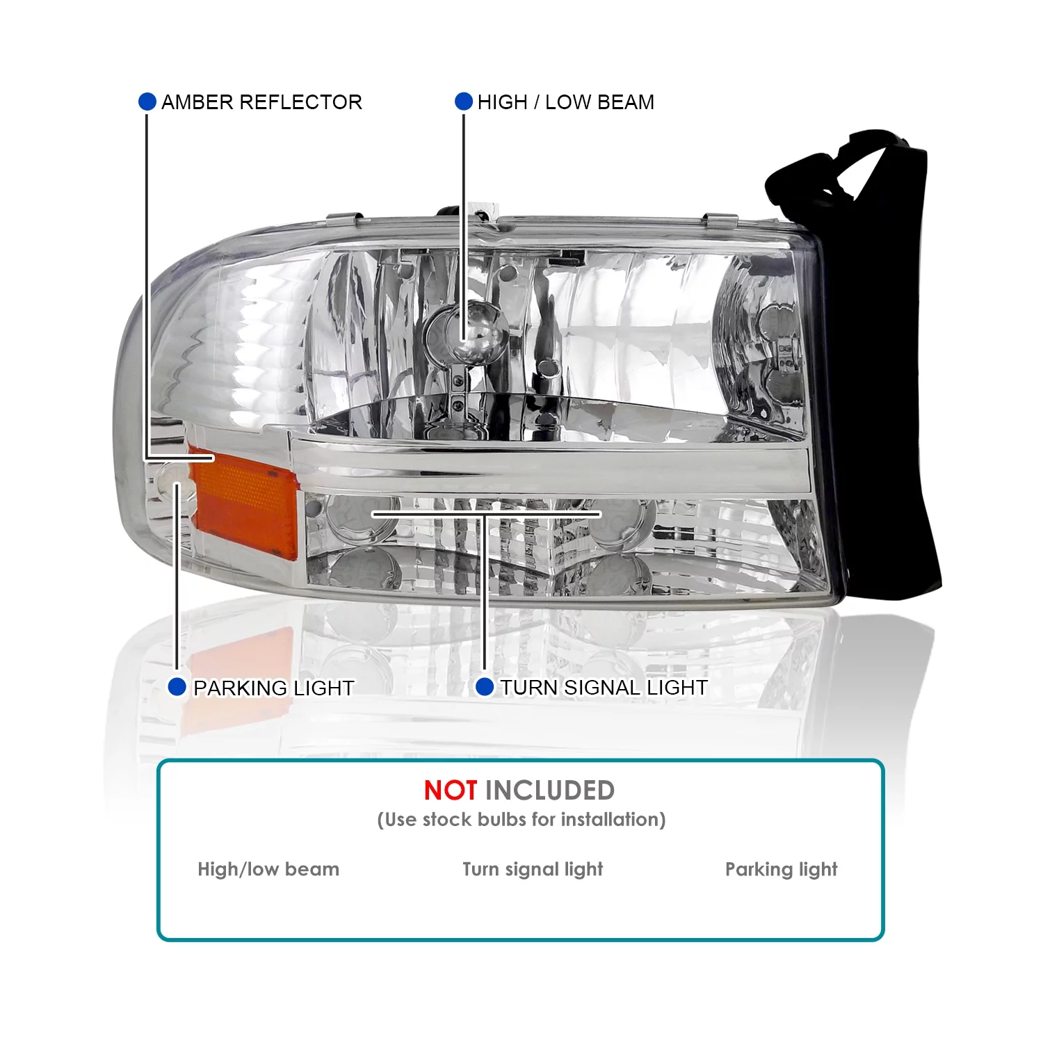Spec-D Tuning Chrome Housing Clear Lens Headlights Compatible with 1997-2004 Dodge Dakota L+R Pair 1PC Style Head Light Lamp Assembly