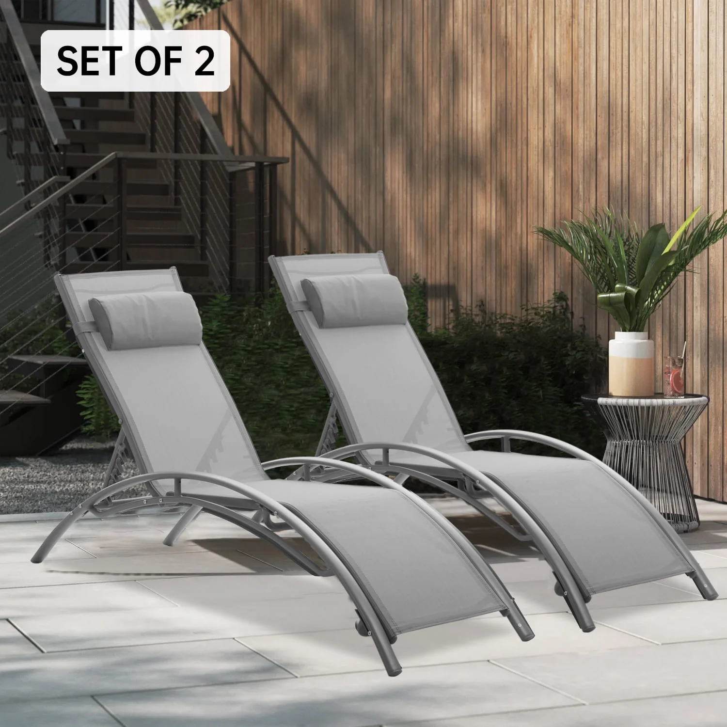 Ainfox Set of 2 Patio Lounge Chairs Adjustable Chaise Lounges Recliner for Patio, Garden, Backyard, Beach,Poolside(Grey)