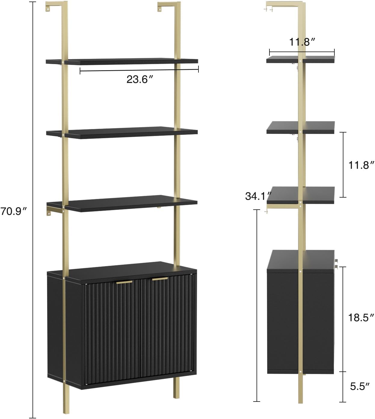 3 Tier Black & Gold Ladder Shelf with Storage Cabinet, Modern Ladder Bookshelf with Doors, Wall Mount Bookcase with Metal Frame, Display Shelves for Living Room, Bedroom, Bathroom, Home Office