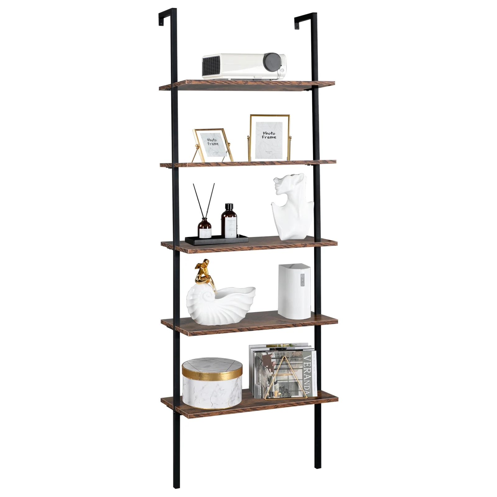 RUXAN Industrial Wall Mounted Bookcase 5-Tier Open Ladder Shelf Bookshelf with Metal Frame, 23.6