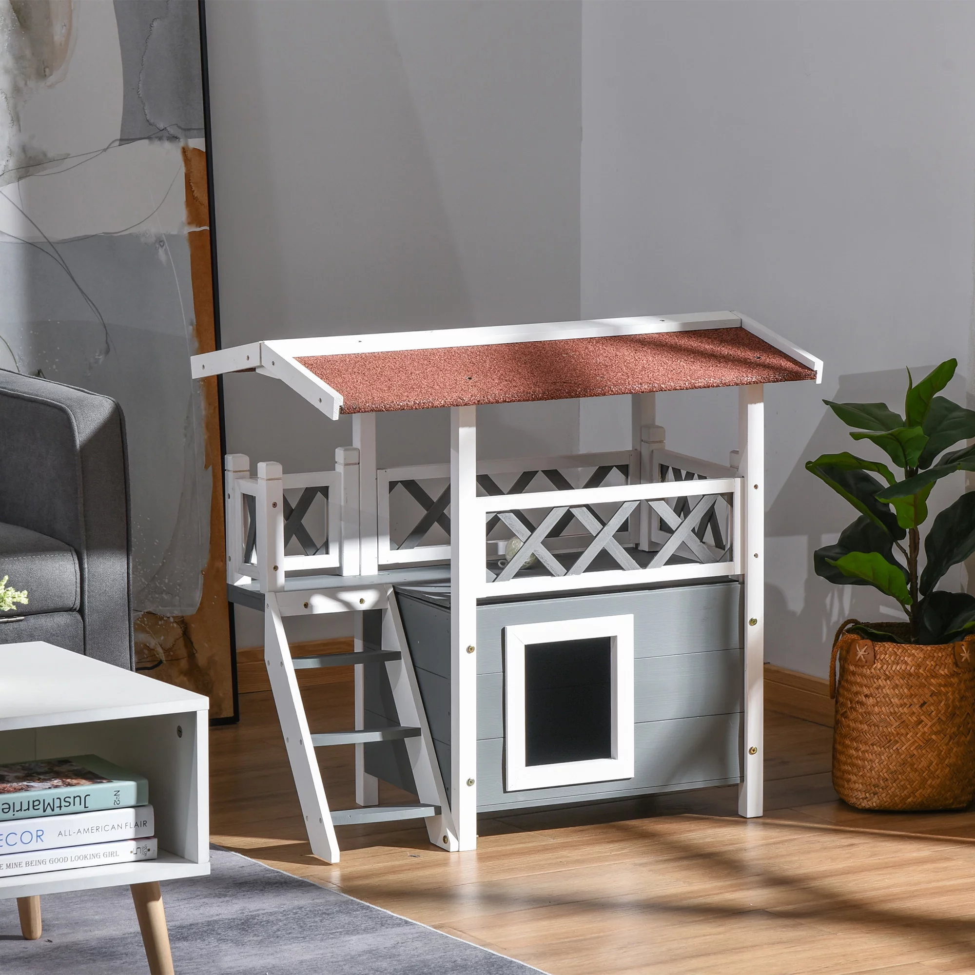 PawHut 3-Story Wooden Cat House Shelter with Balcony, Stairways & Waterproof Roof for Kitty/Feral Cat,White