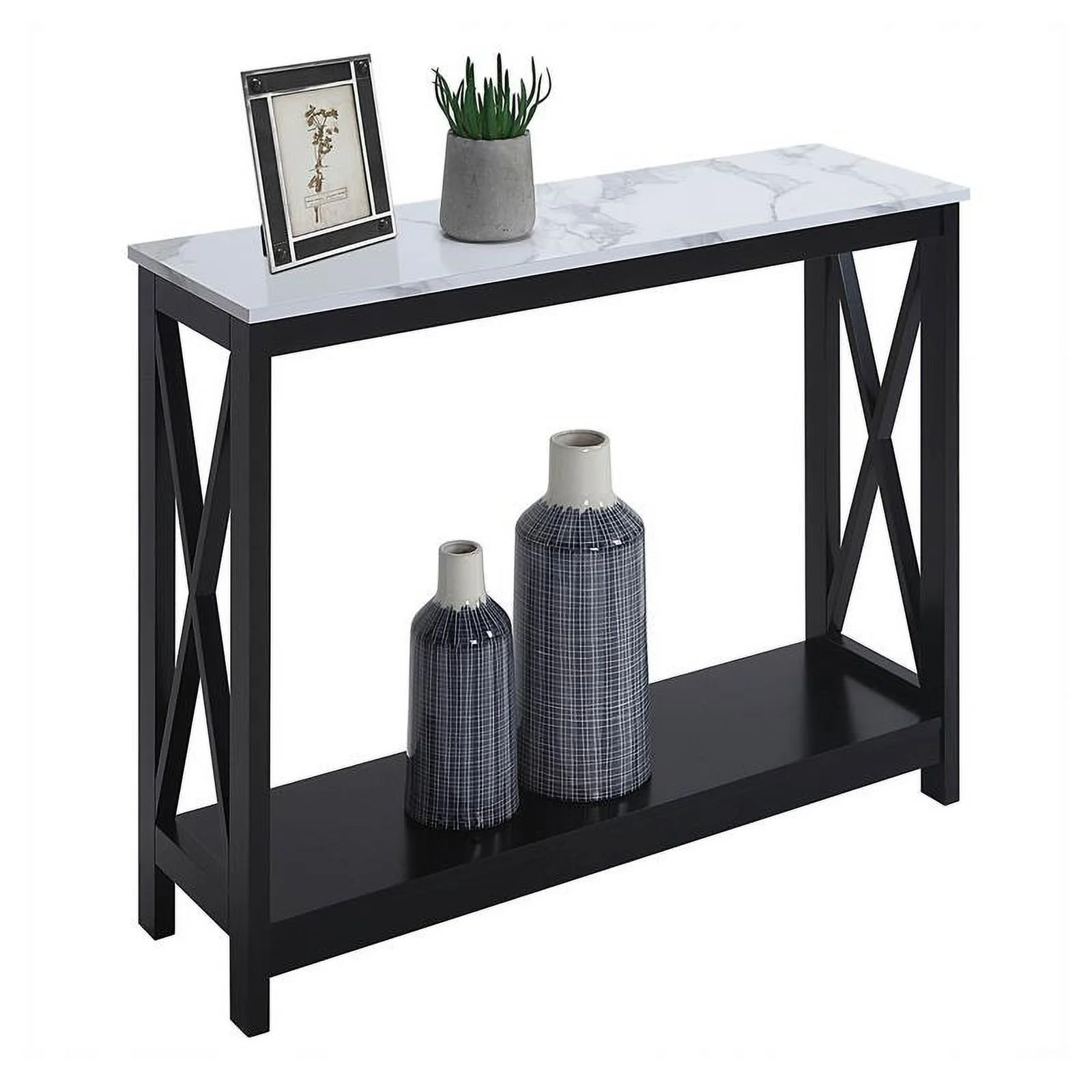 Pemberly Row Console Table with Shelf in White Faux Marble and Black Wood Top