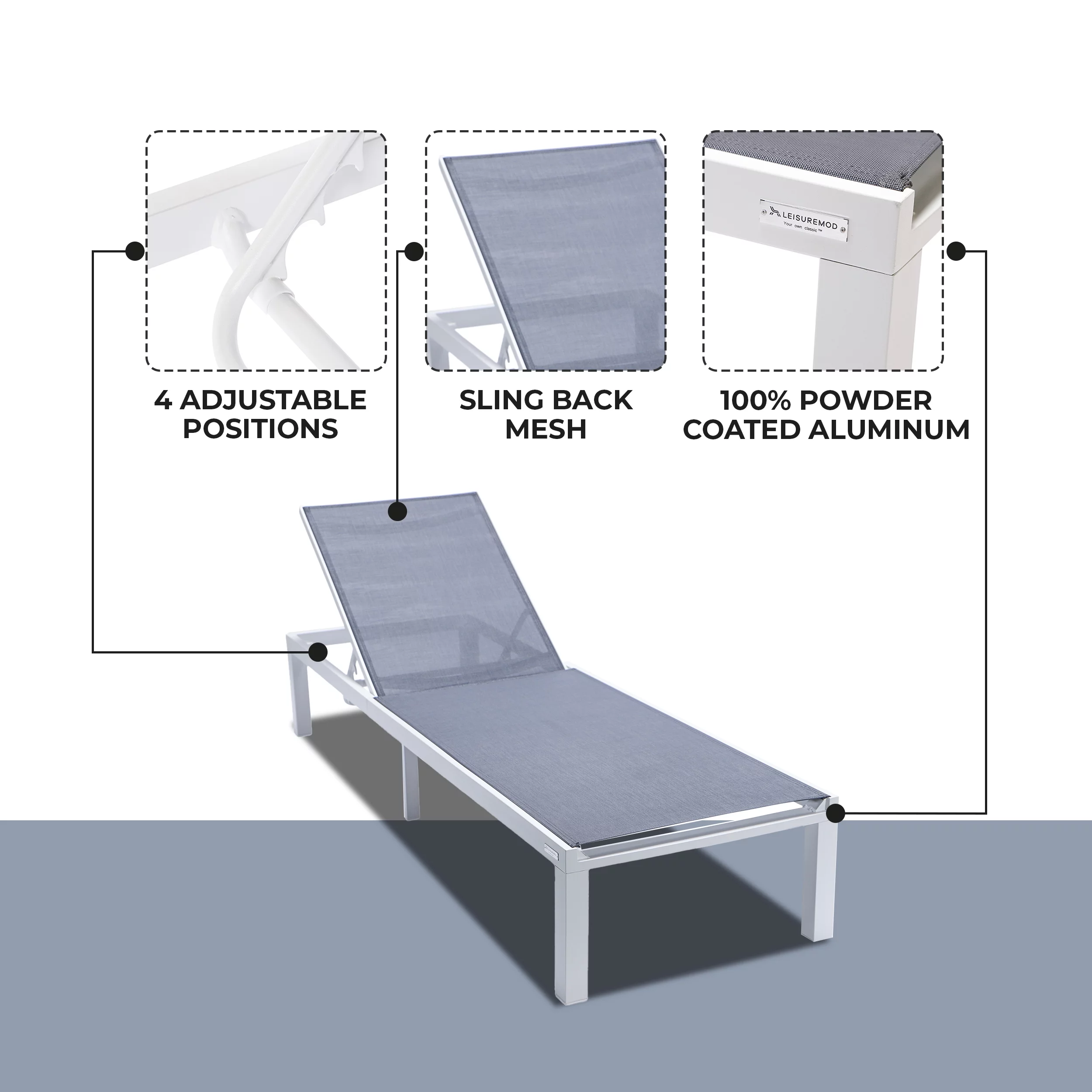 LeisureMod Marlin Patio Chaise Lounge Chair Poolside Outdoor Chaise Lounge Chairs for Patio Lawn and Garden Modern White Aluminum Suntan Chair with Sling Chaise Lounge Chair (Dark Grey)