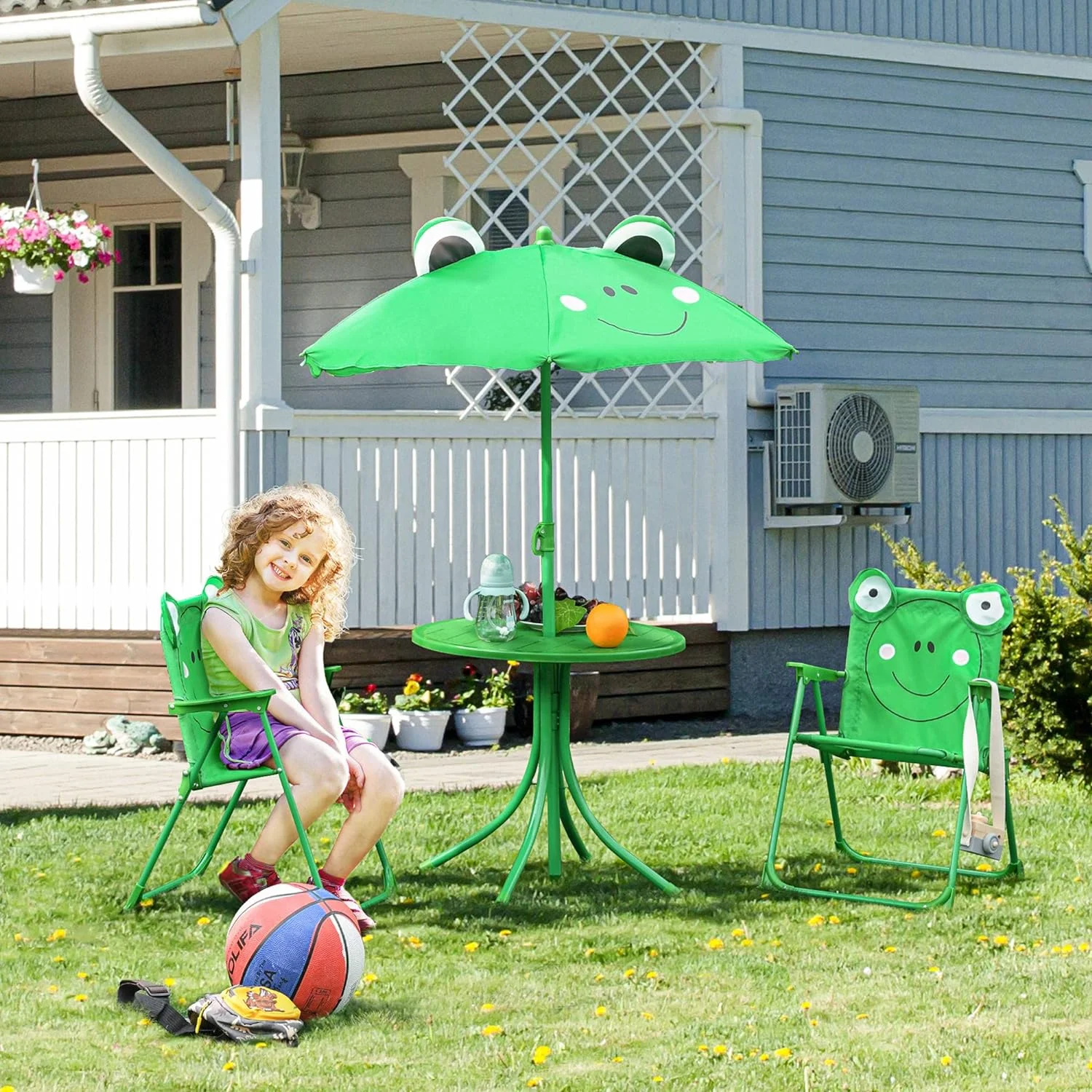 Folding Kids Table and Chair Set, Picnic Table with Frog Pattern Removable & Height Adjustable Sun Umbrella for Garden, Backyard, Green