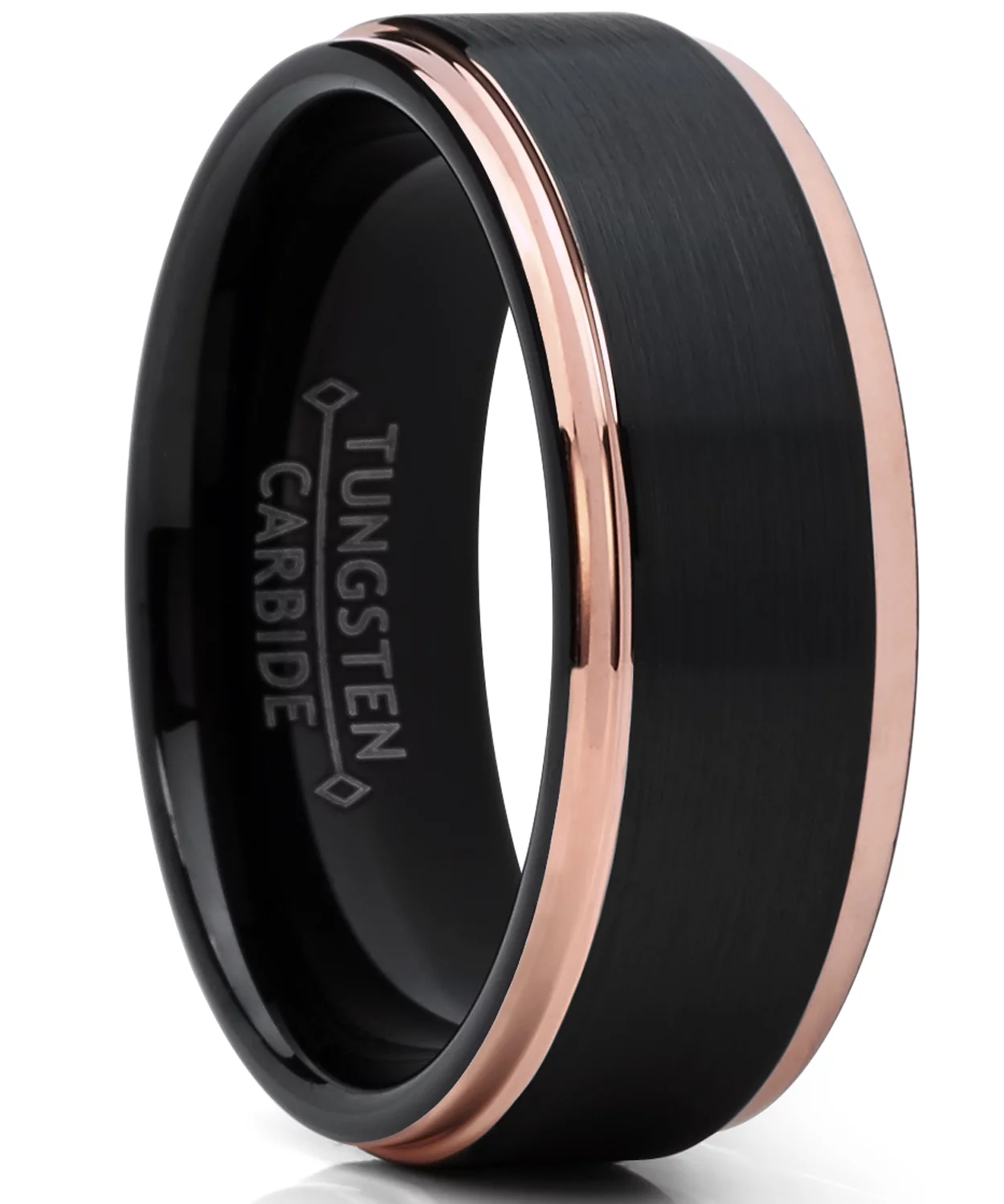 Metal Masters Men's Tungsten Carbide Black and RoseTone Brushed Raised Center Wedding Band Engagement Ring, Comfort Fit 8