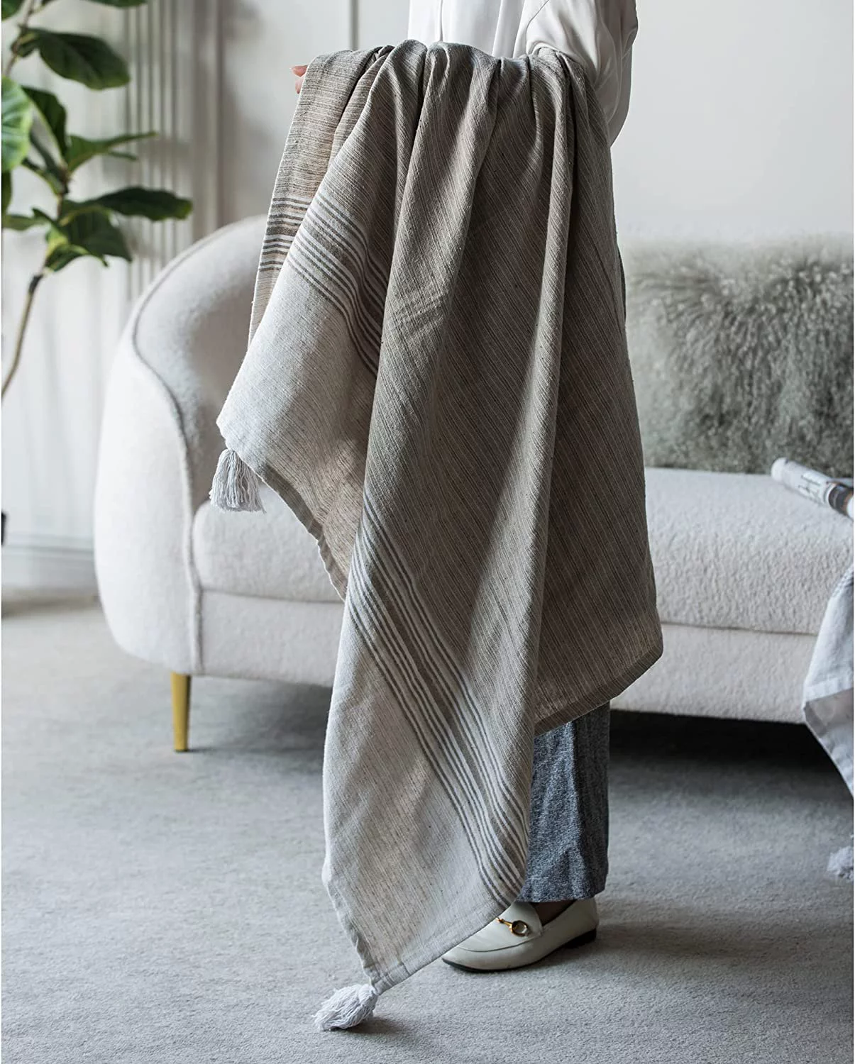 A&B Home Throw Blanket - Beige and White Stripe Woven Cotton Blend Blanket, 50